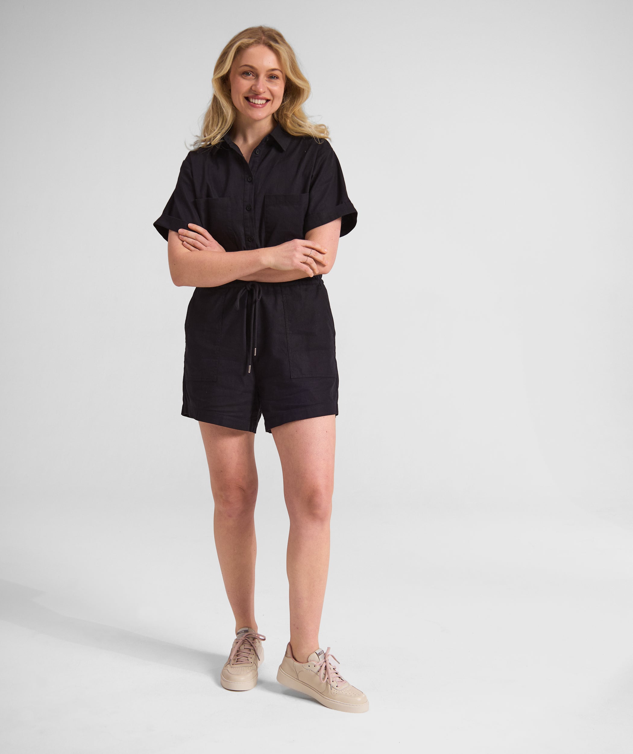 Ladies Linen Blend Jumpsuit - Black