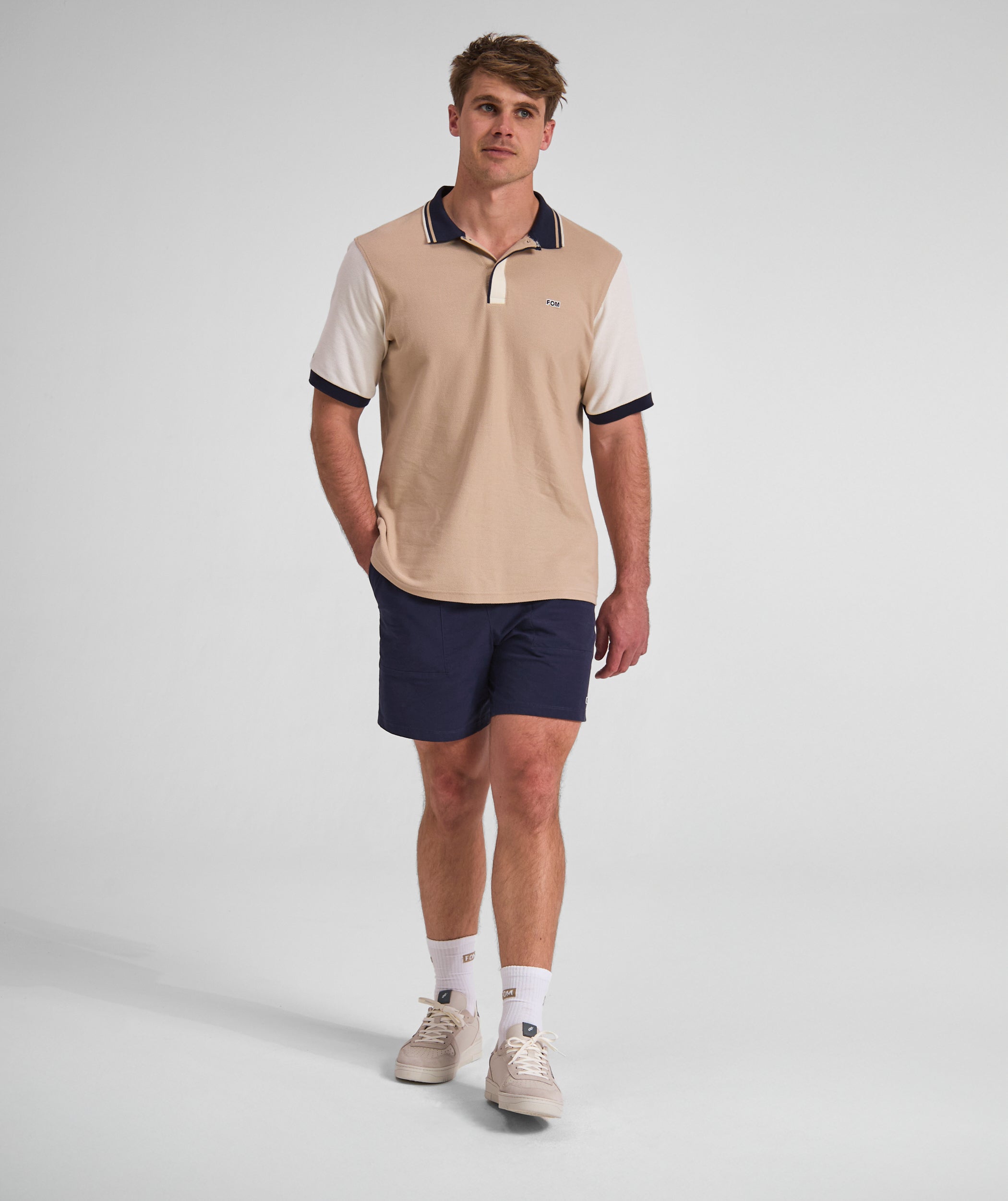 Mens Short Sleeve Honeycomb Golfer - Stone Colour Block