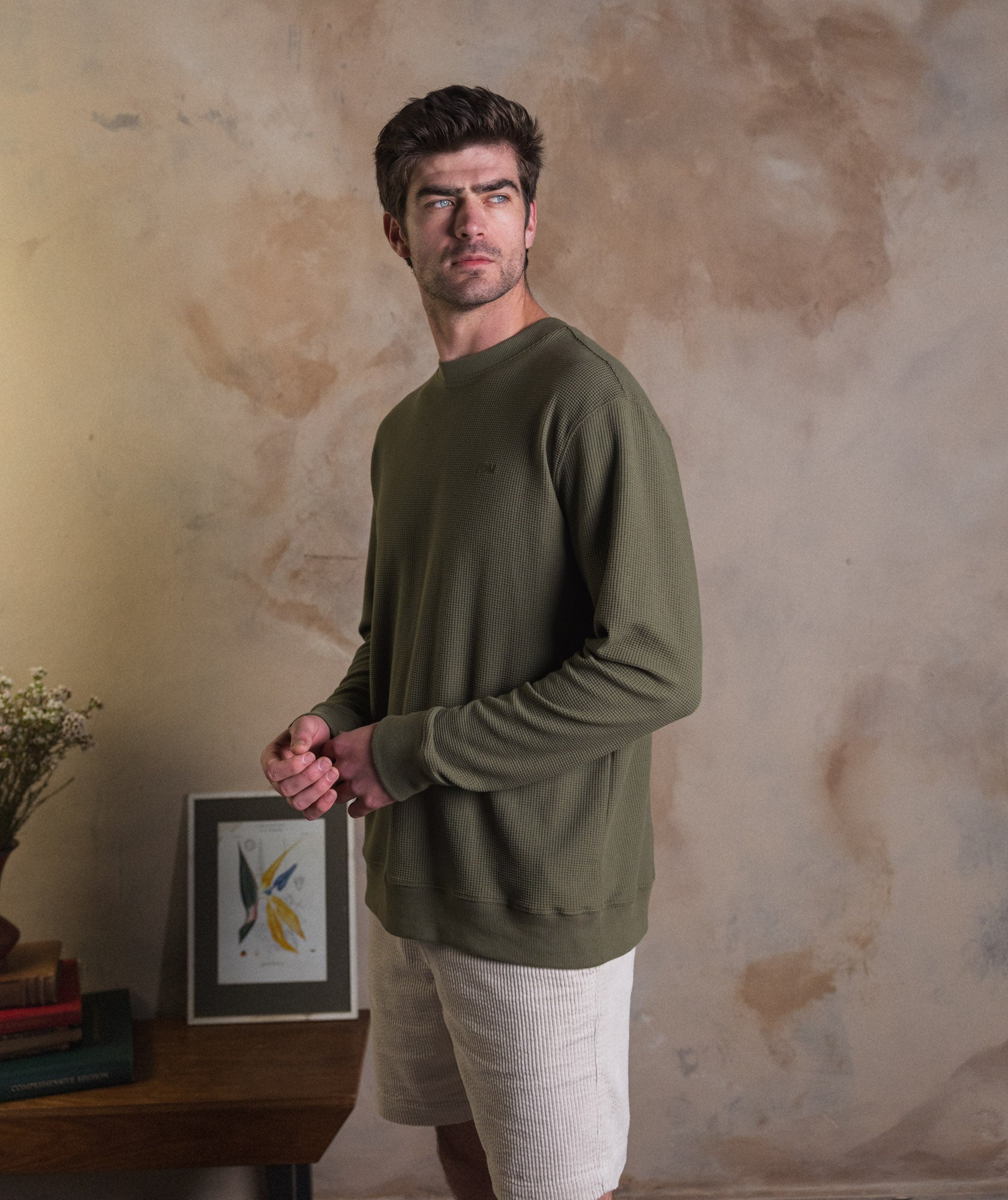 Mens Long Sleeve Waffle Tee - Dark Olive