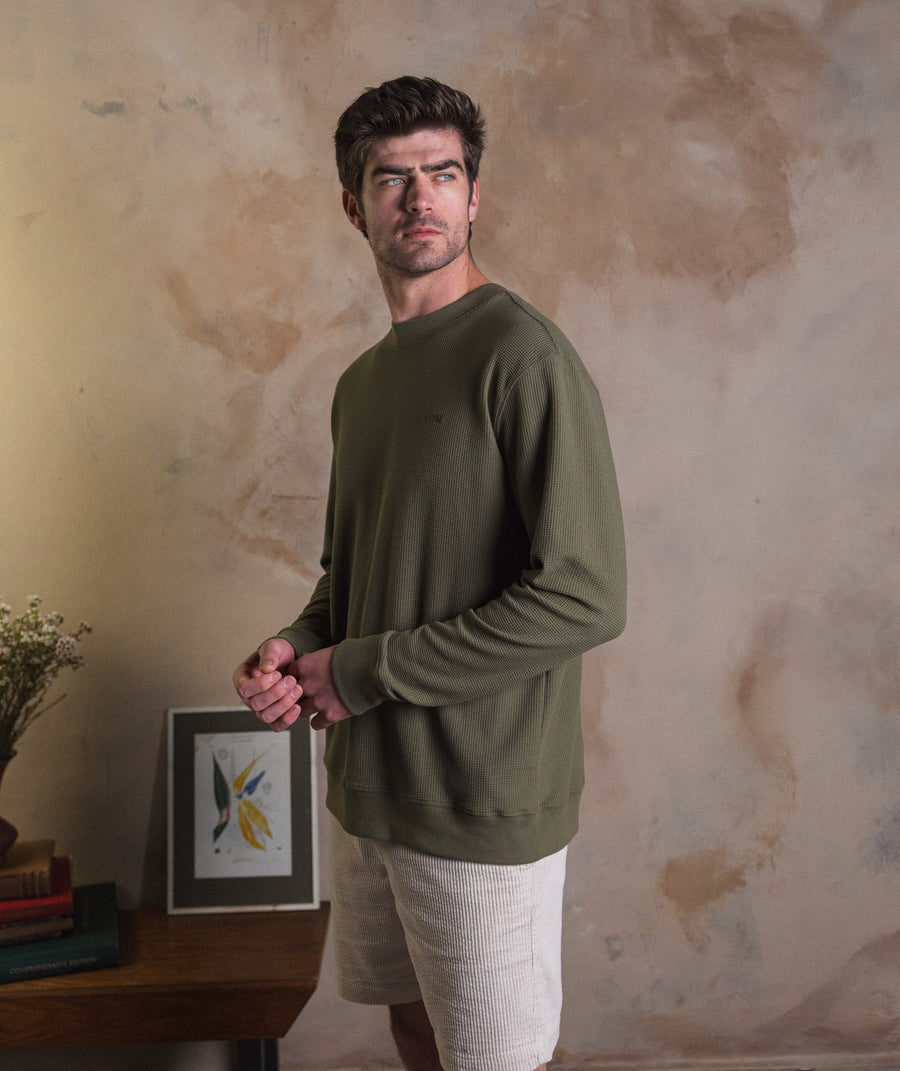 Mens Long Sleeve Waffle Tee - Dark Olive