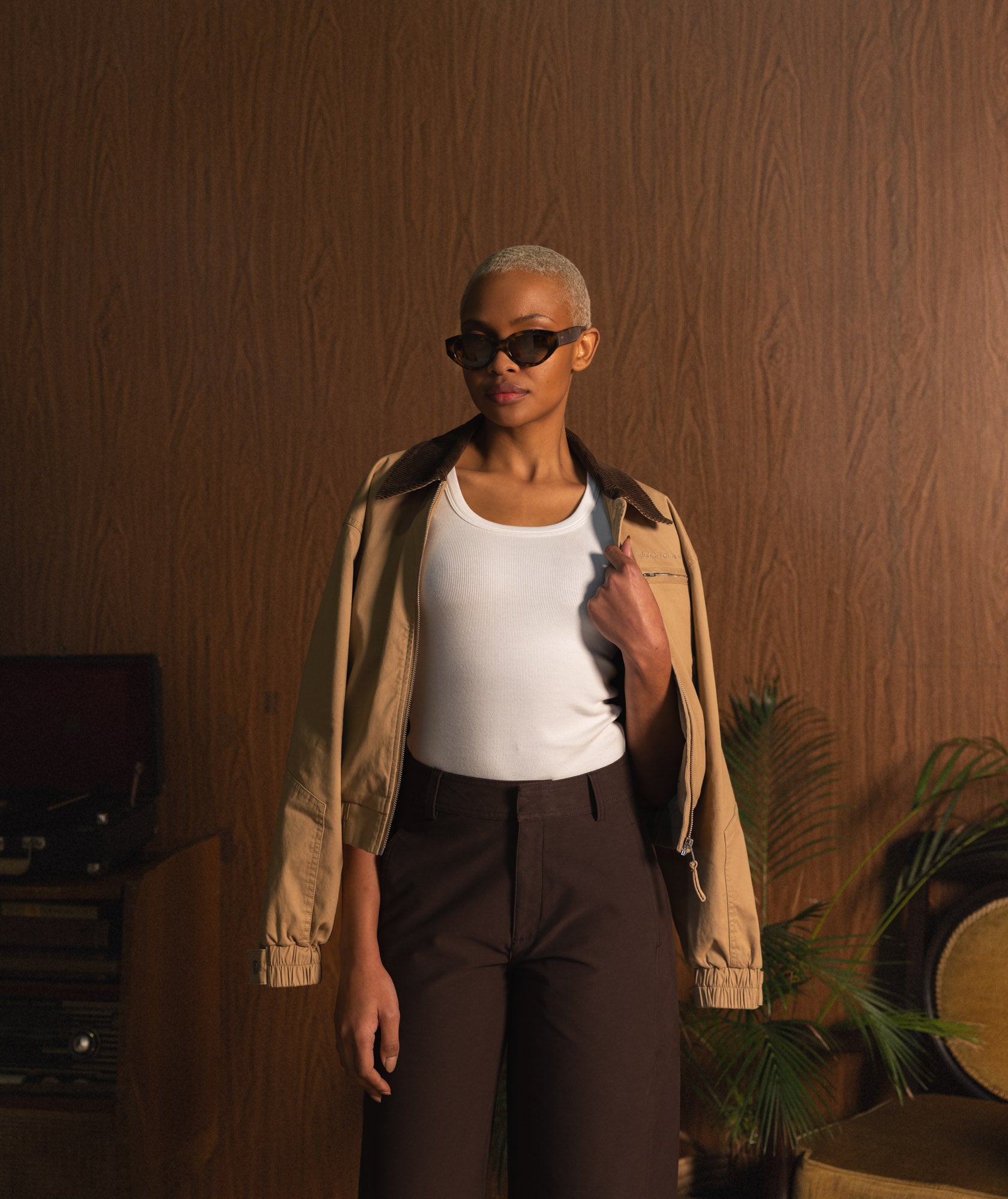 Ladies Cord Collar Bomber Jacket - Coffee
