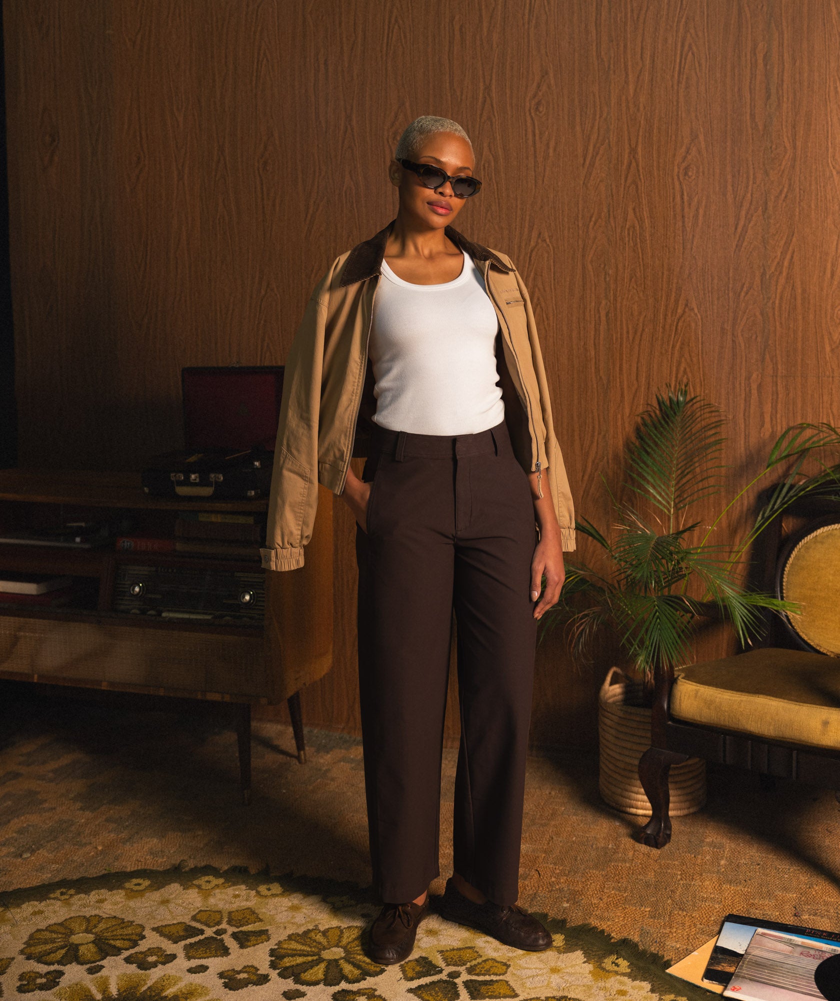 Ladies Cord Collar Bomber Jacket - Coffee