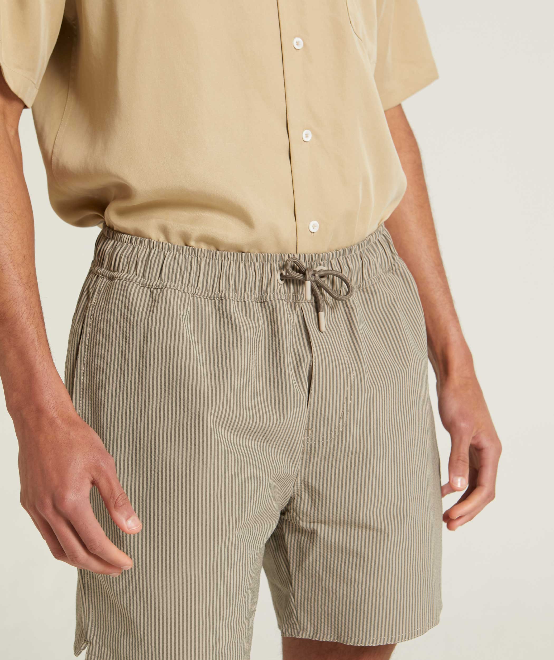 Mens Seersucker Swim Shorts - Stone Stripe