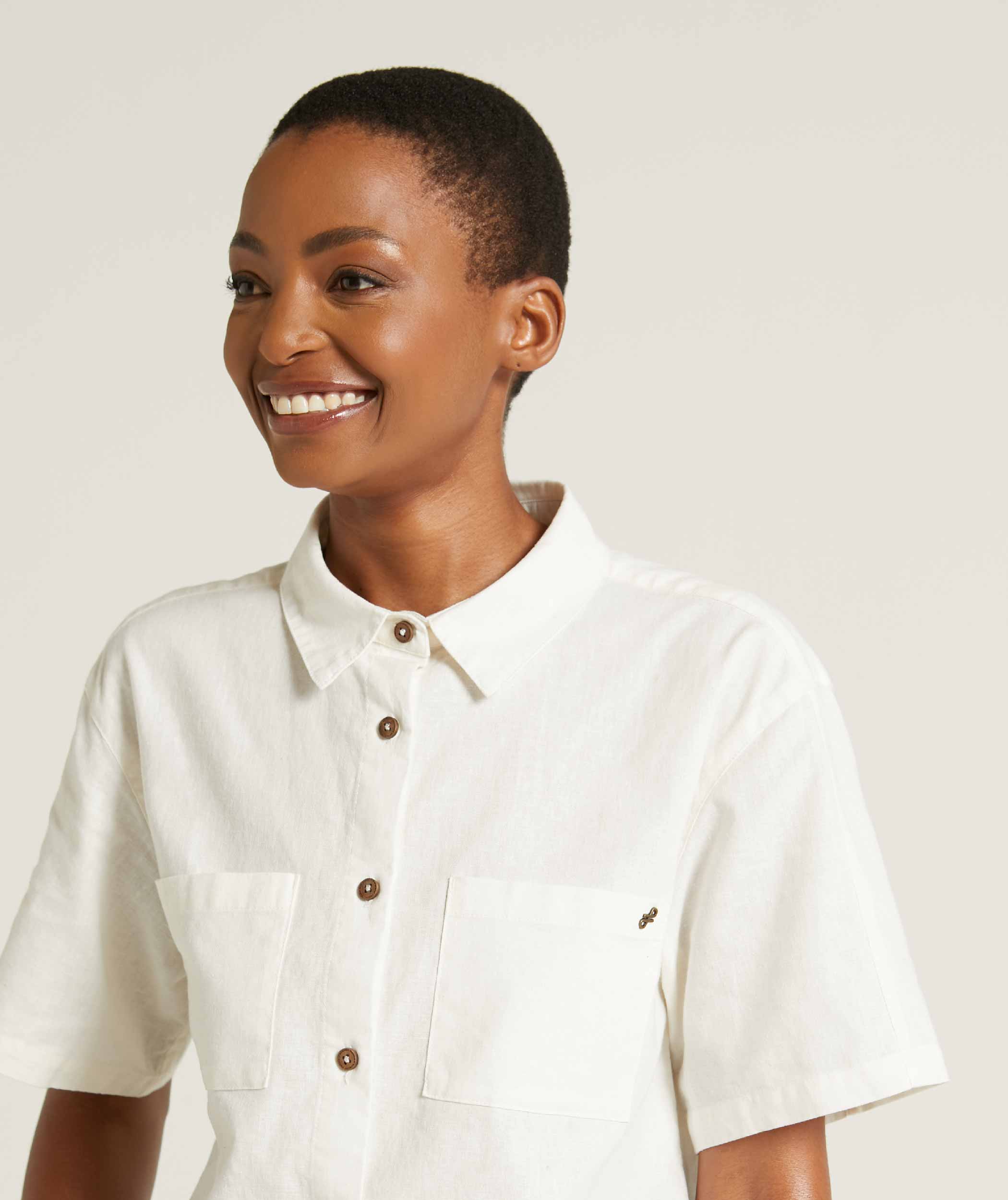 Ladies Linen Blend Short Sleeve Shirt - Soft White