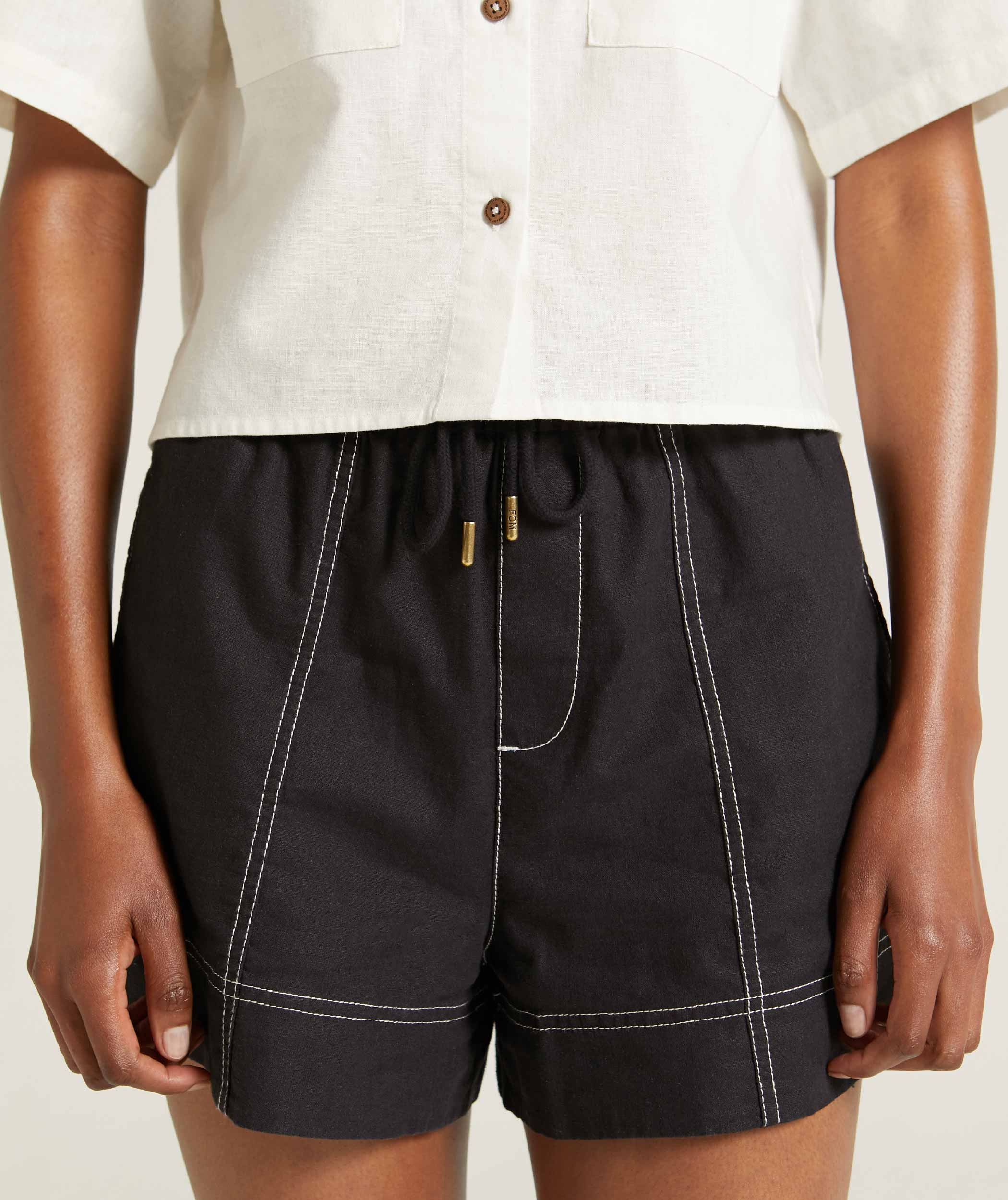 Ladies Linen Blend Drawcord Shorts - Dark Ink