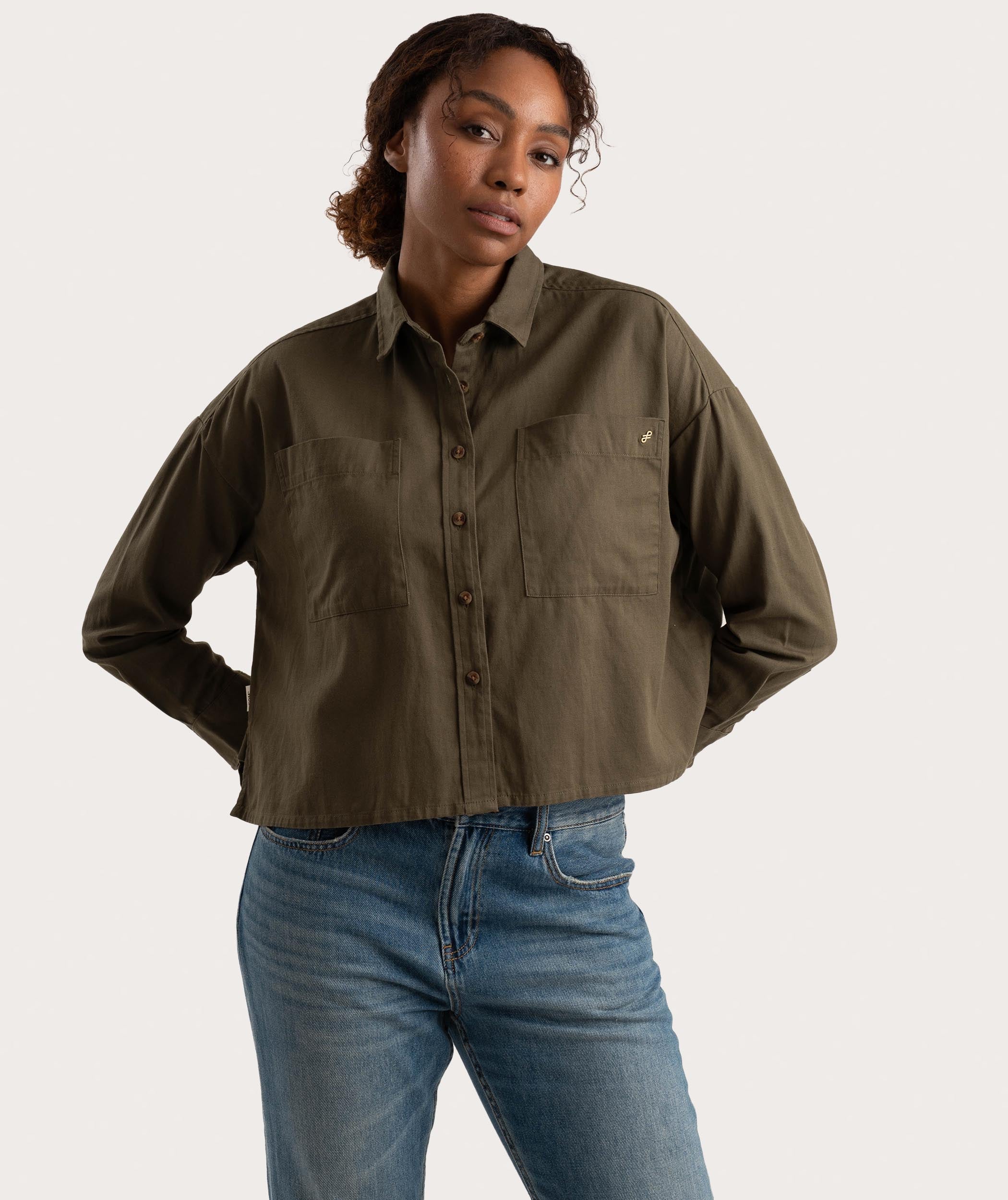 Ladies Boxy Long Sleeve Shirt - Olive Green