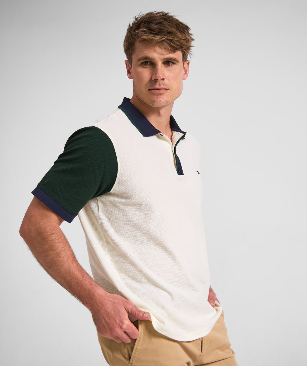 Mens Short Sleeve Honeycomb Golfer - Ivory Colour Block