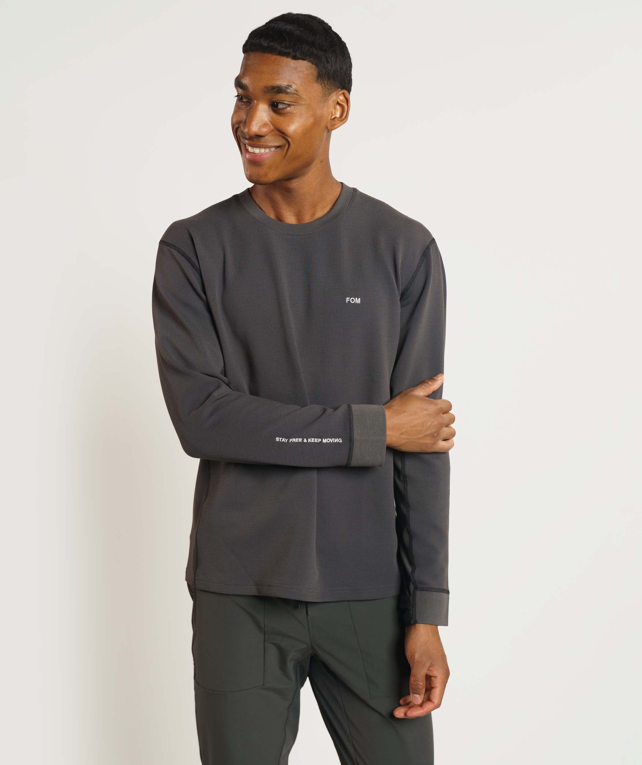 Mens Versatile Waffle Long Sleeve Top - Charcoal