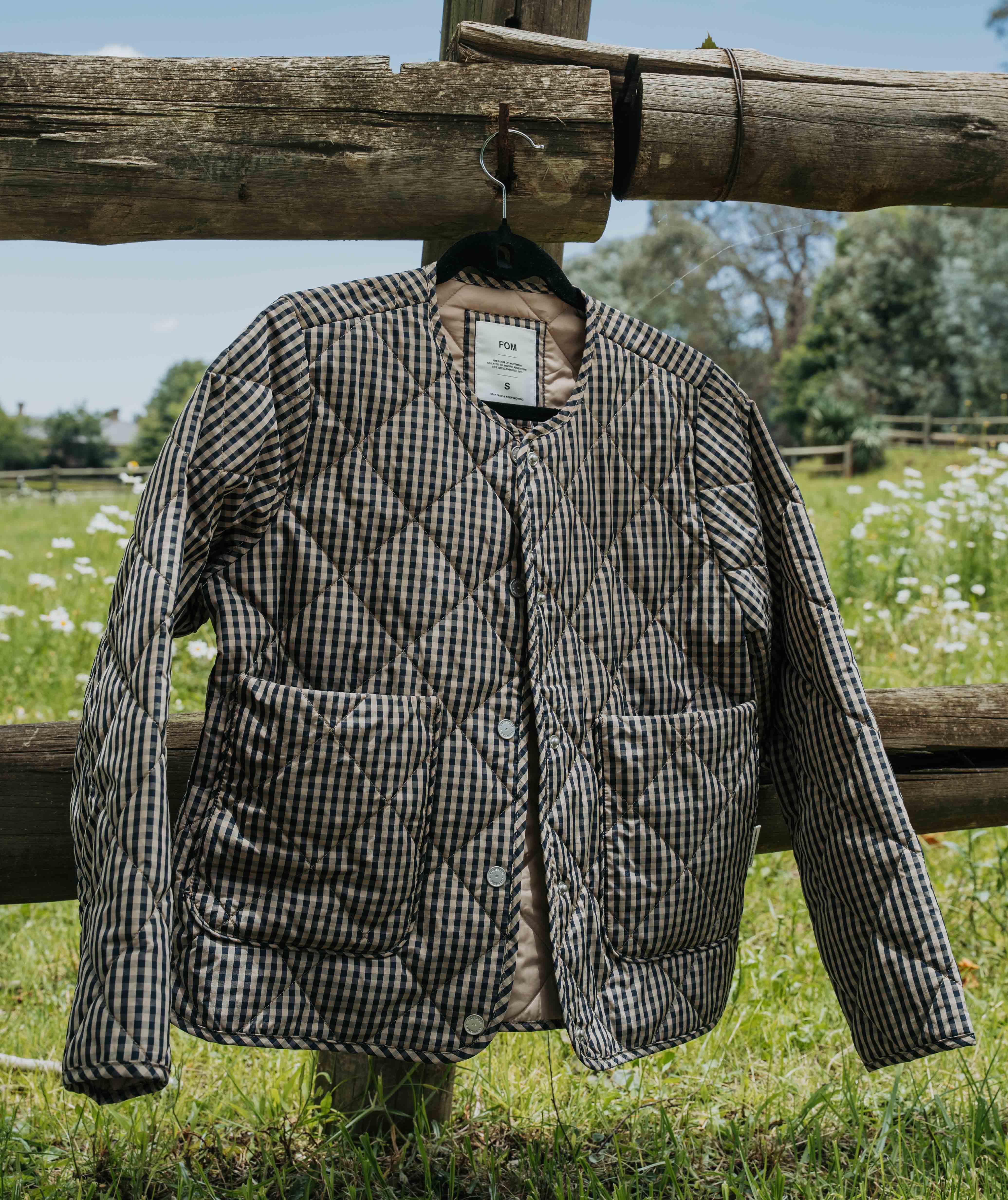 Ladies Check Quilted Jacket - Navy & Stone