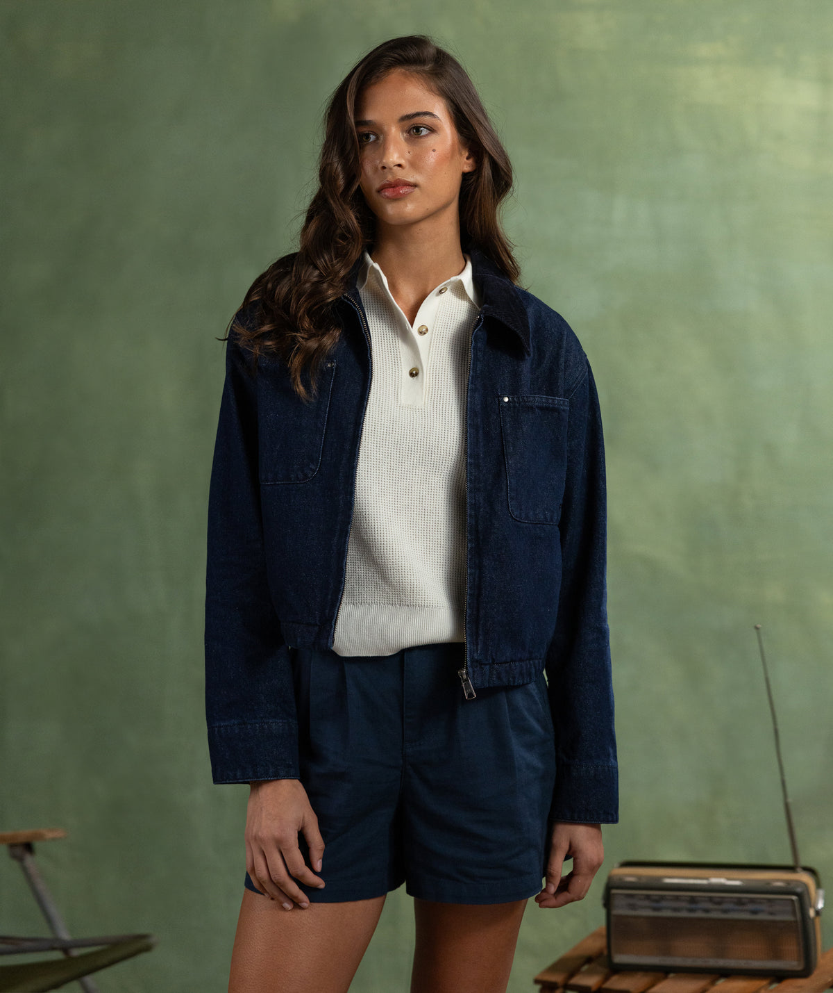 Ladies Cord Collar Denim Jacket - Dark Wash