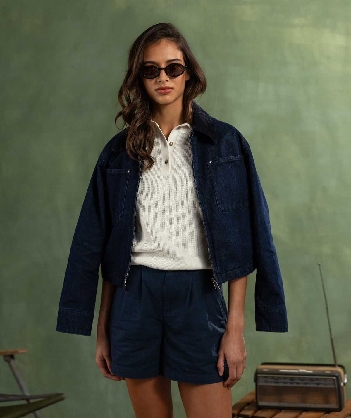 Ladies Cord Collar Denim Jacket - Dark Wash