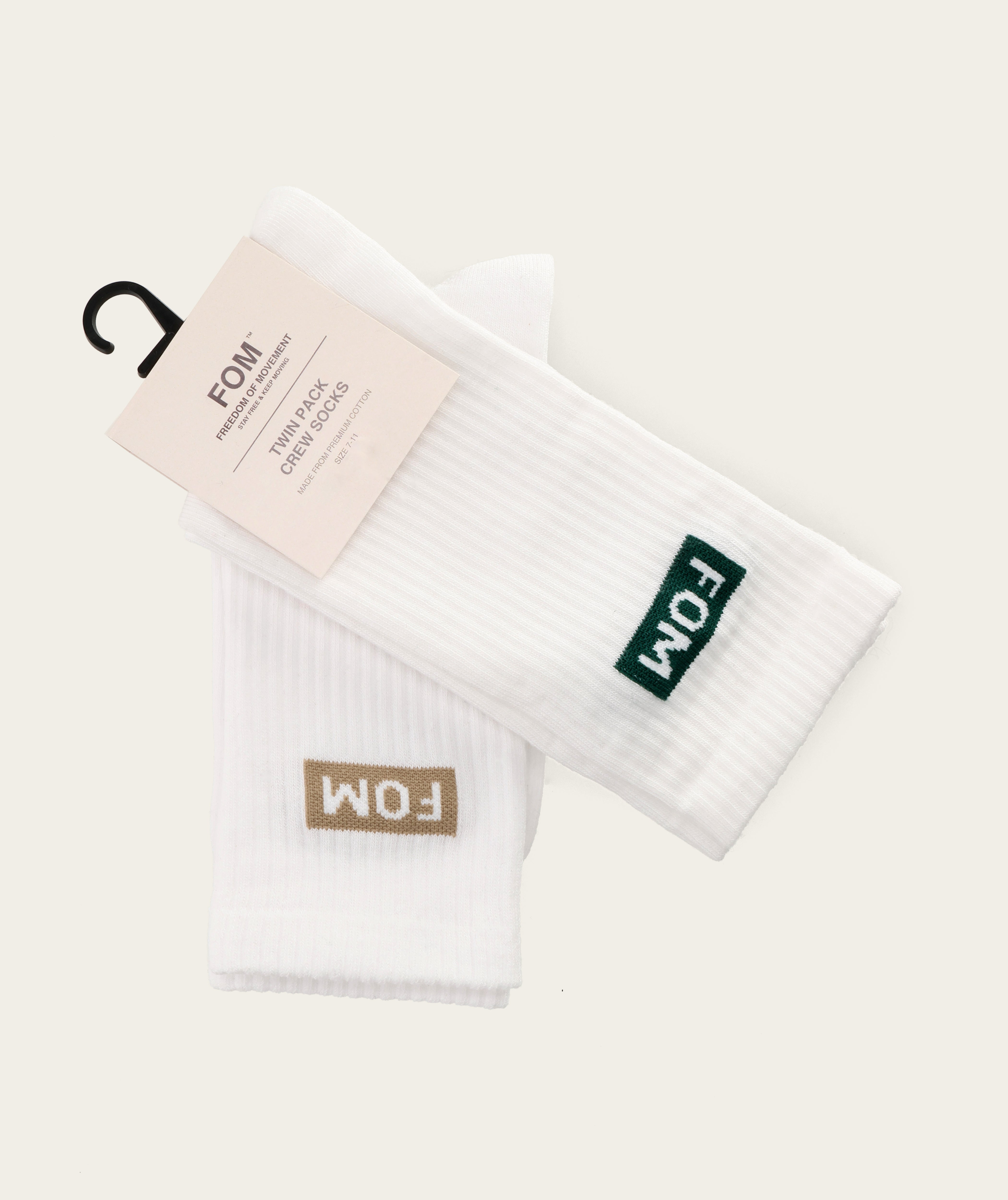 Socks Crew Twin Pack - White/ Forest Green & Dark Sand FOM (Size 7-11)