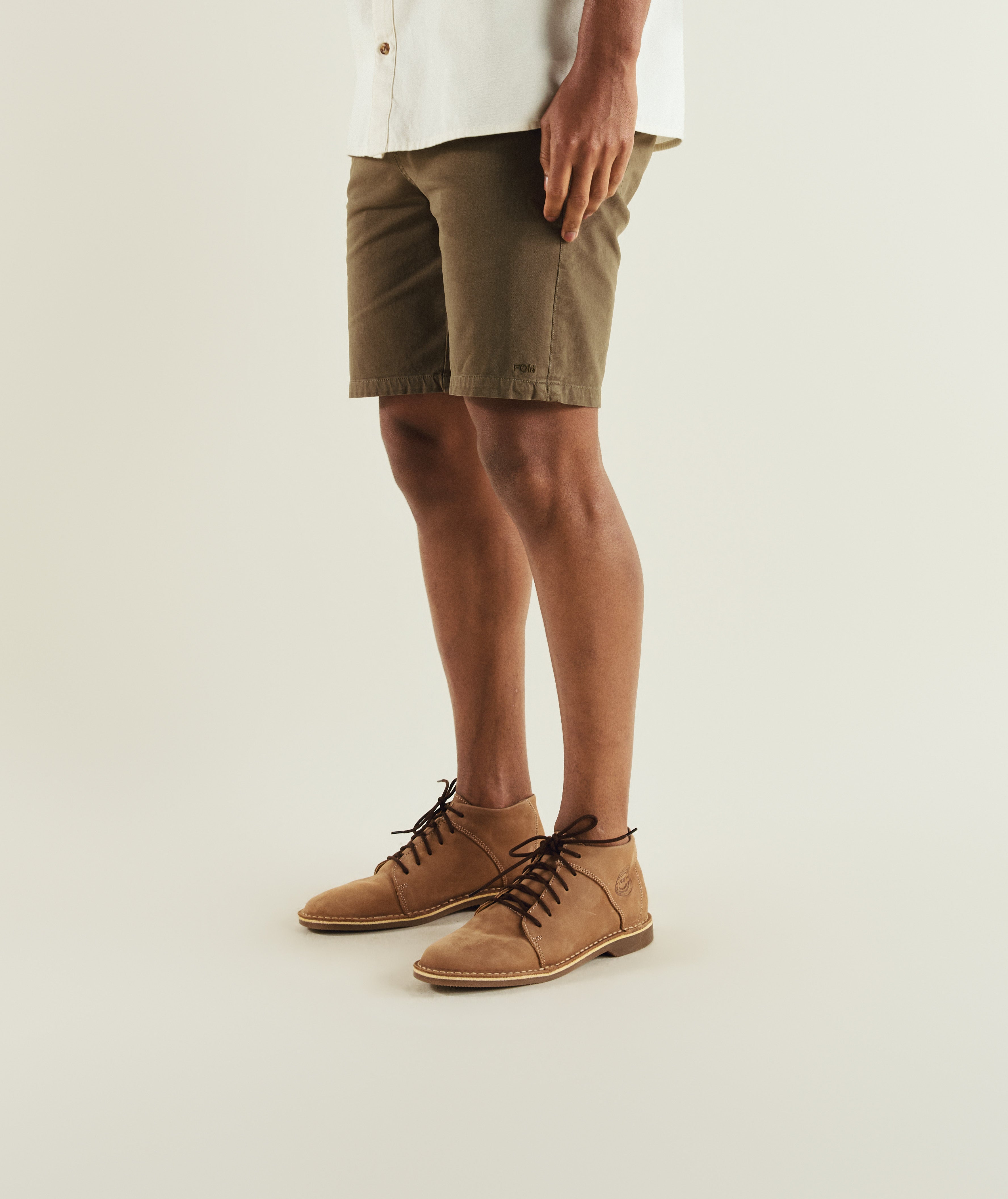 FOM cotton twill chino shorts in olive, on-model view