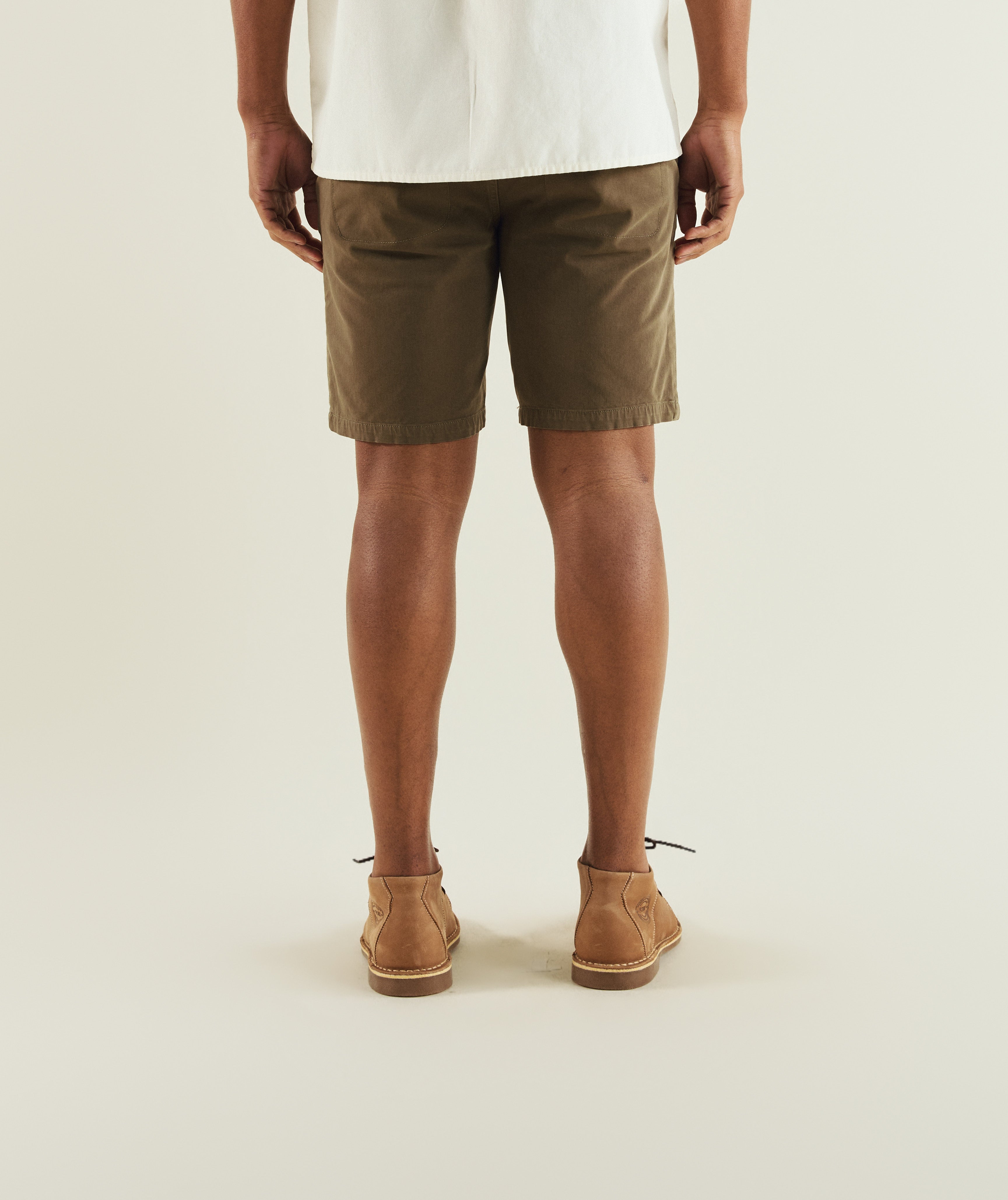 FOM cotton twill chino shorts in olive, on-model view