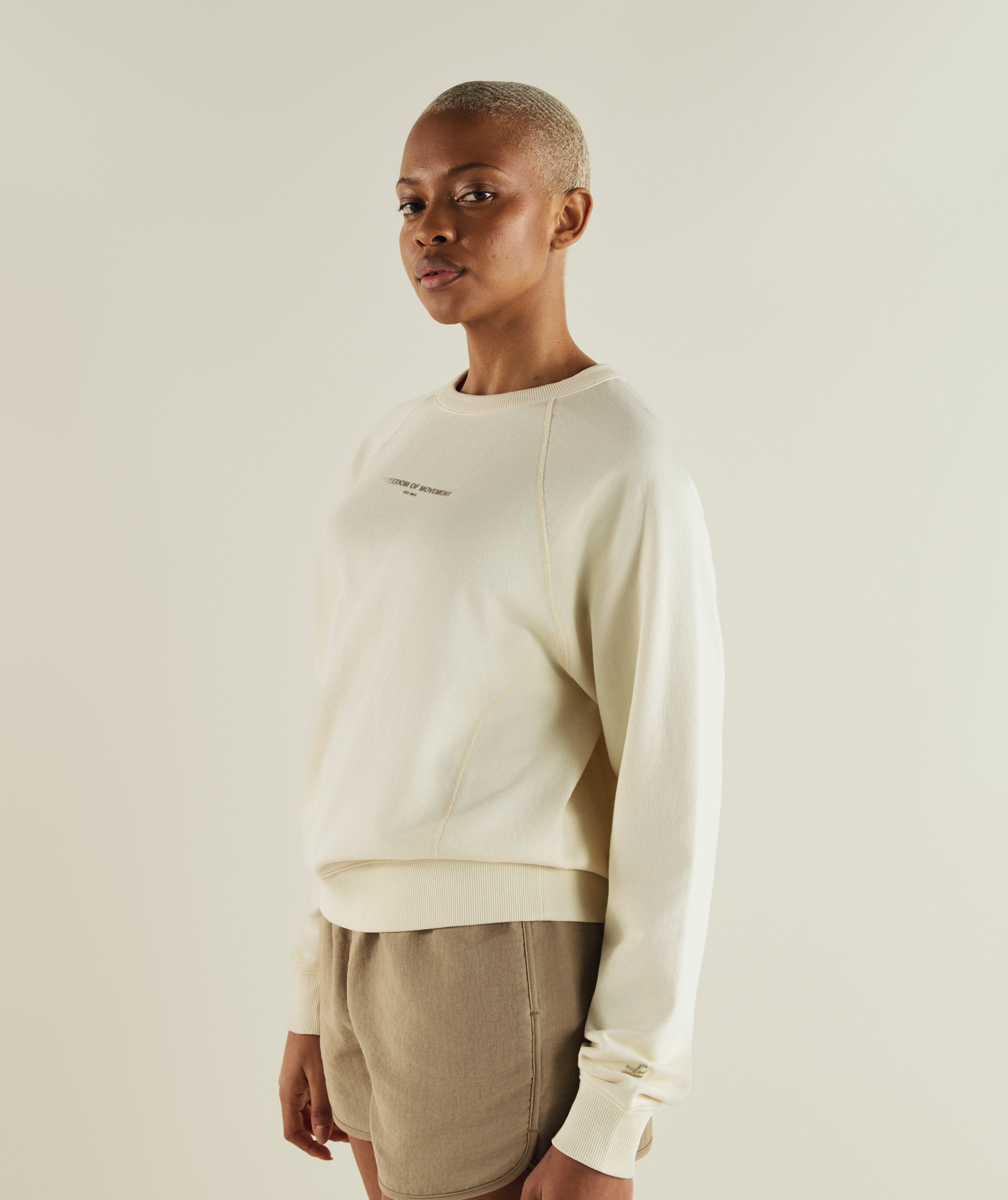 FOM ladies textured crew neck sweat in ivory, on-model view