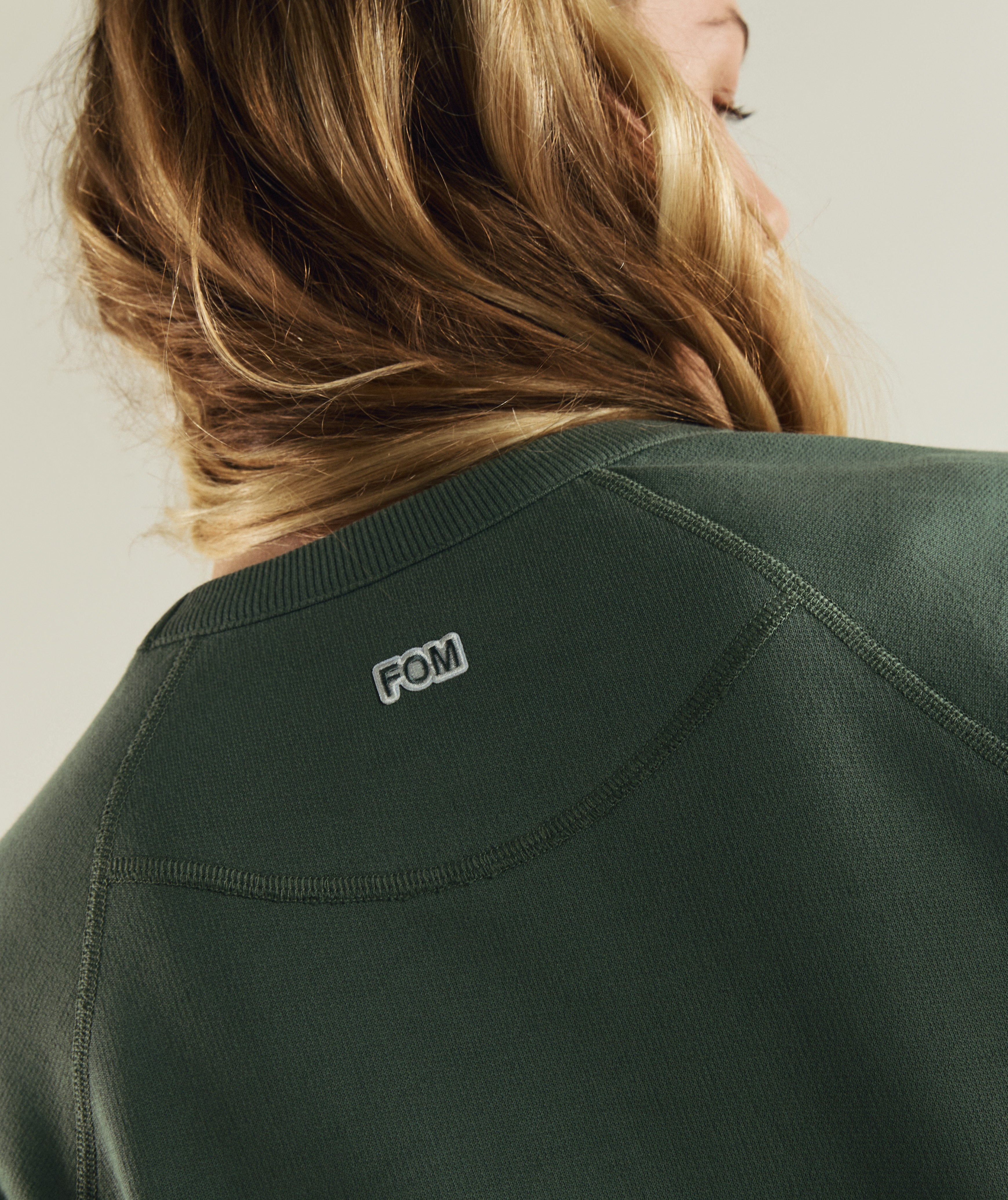 FOM ladies textured crew neck sweat in sage green, on-model view