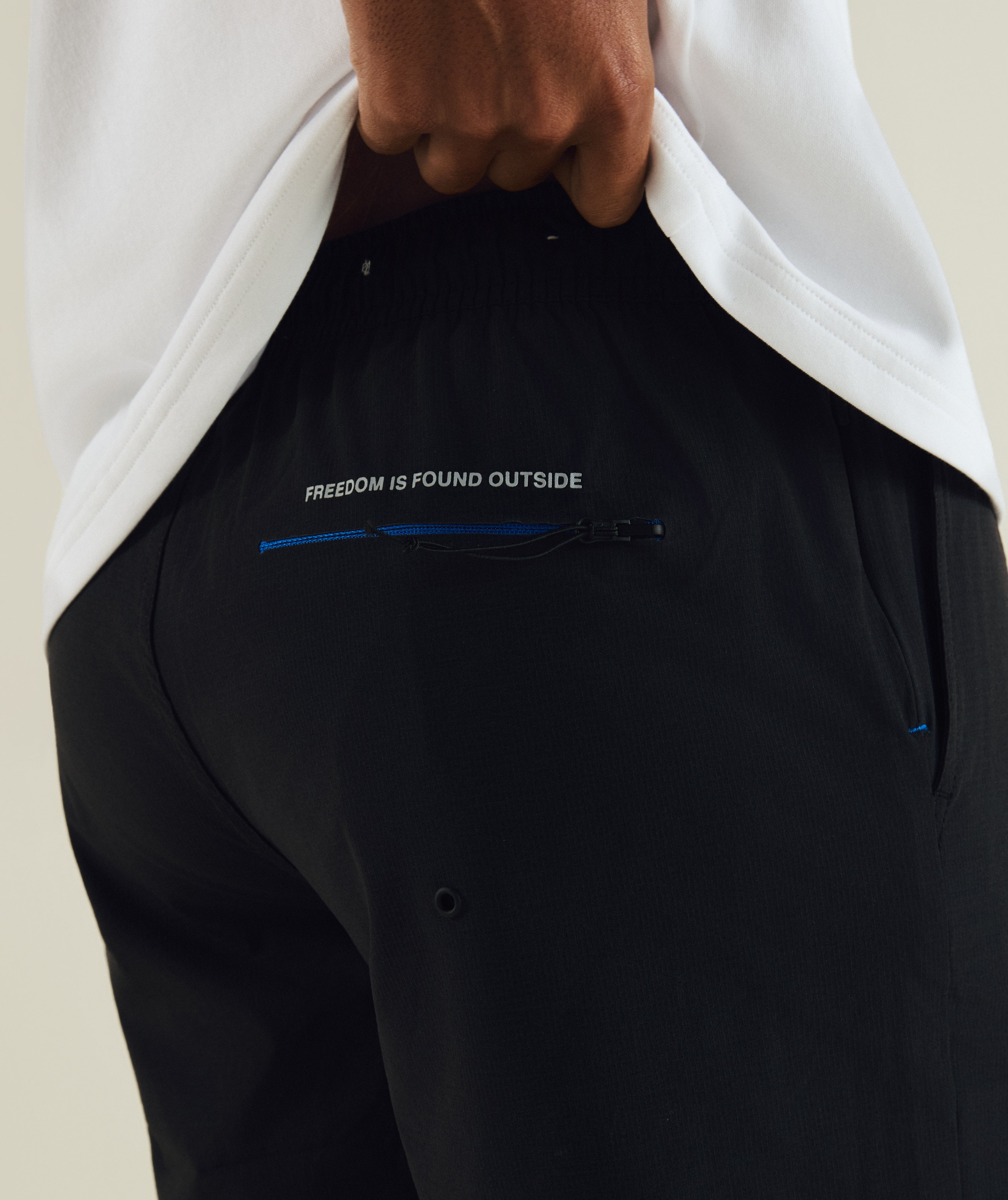FOM FreeMotion micro ripstop shorts in black, on-model view