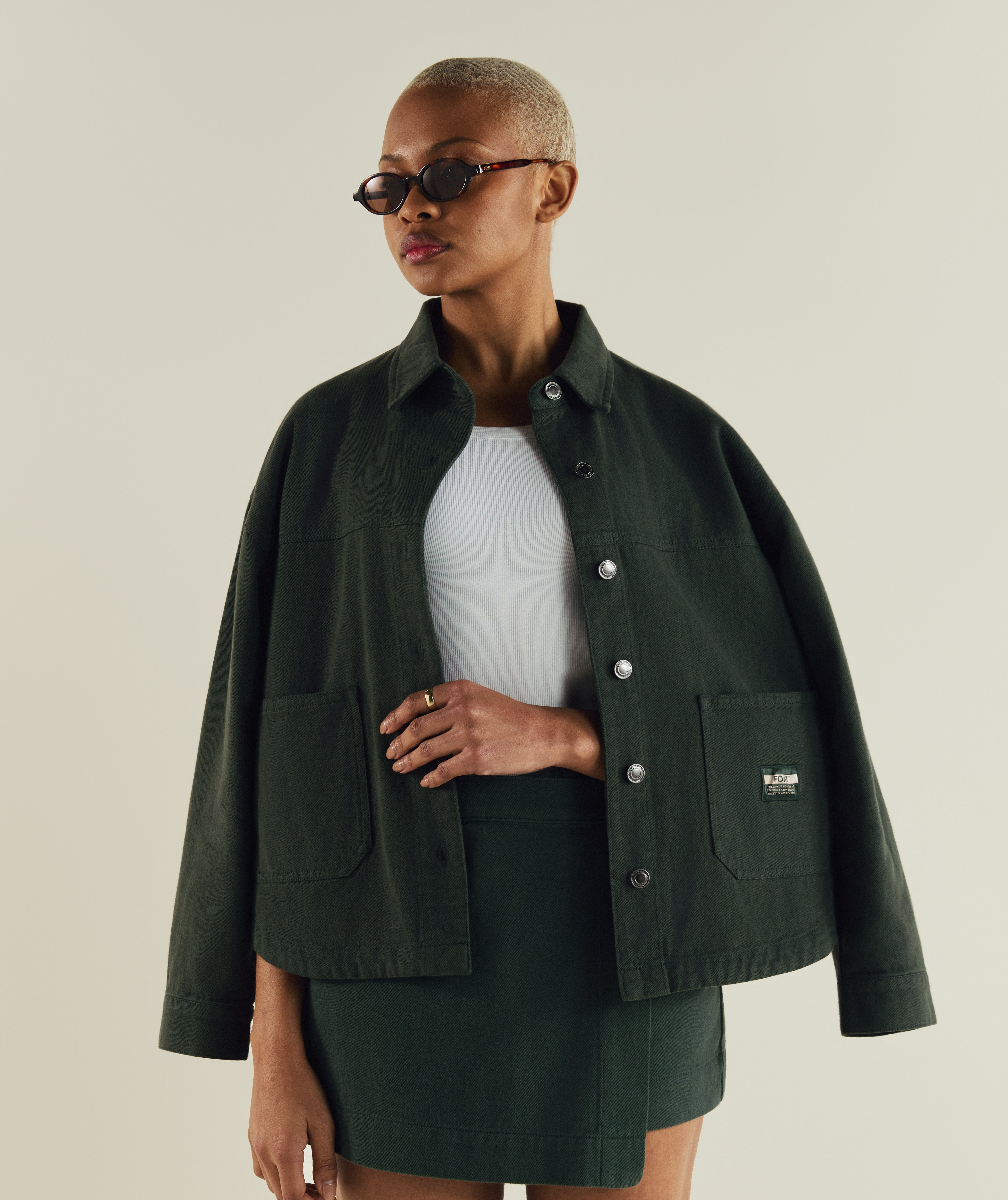 FOM ladies shacket in dark green, on-model view