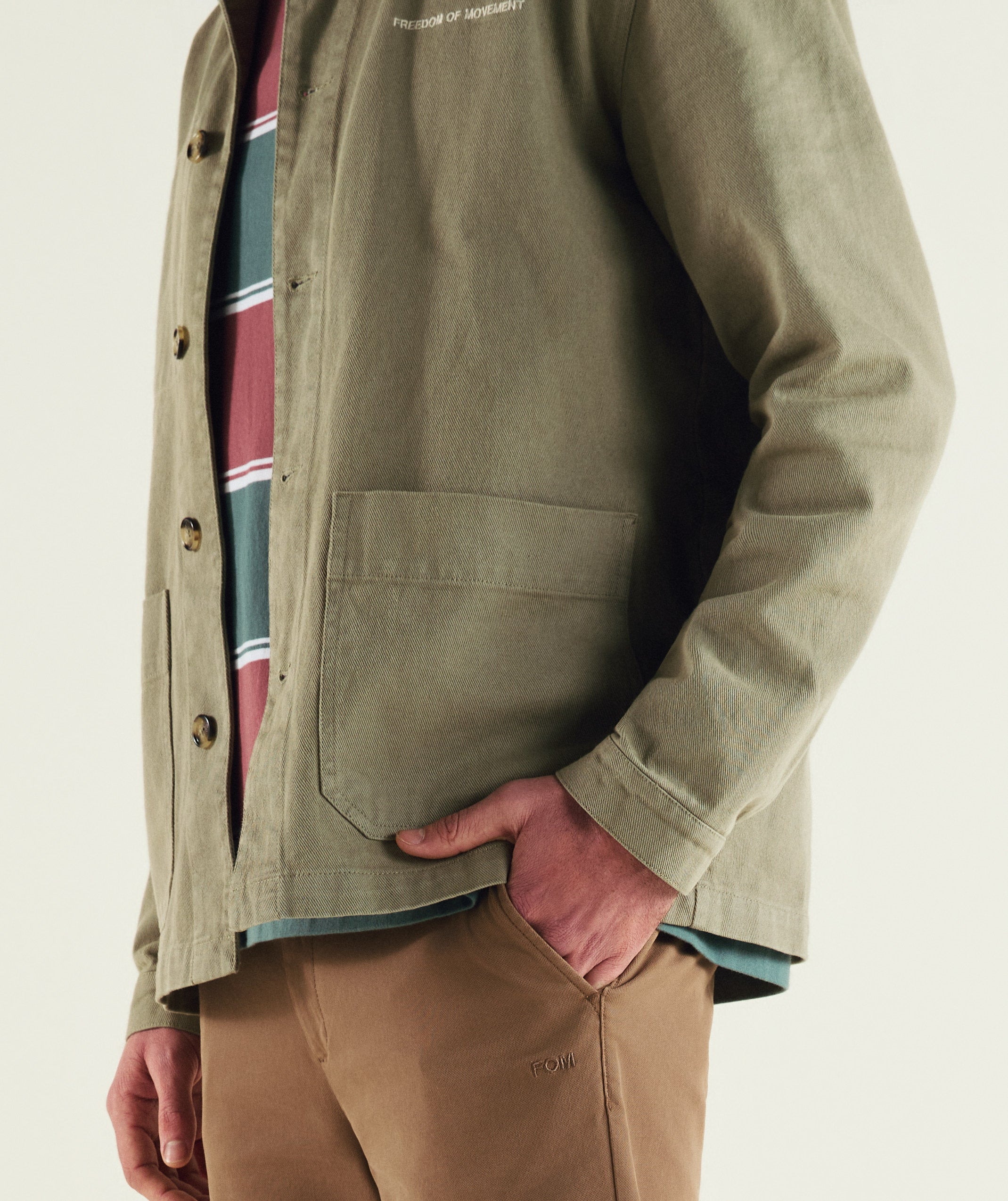 FOM cotton twill shacket in sage, on-model view