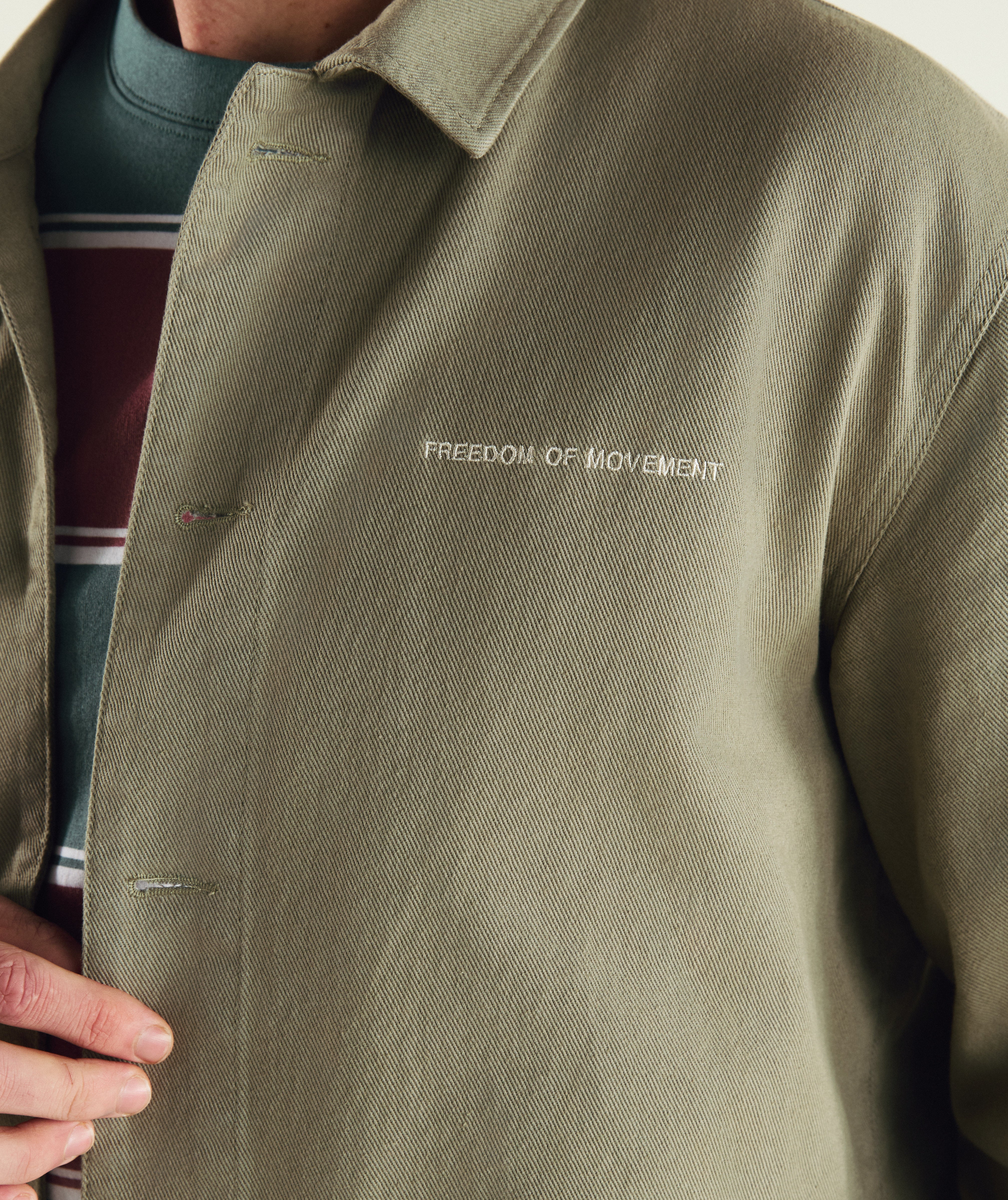 FOM cotton twill shacket in sage, on-model view