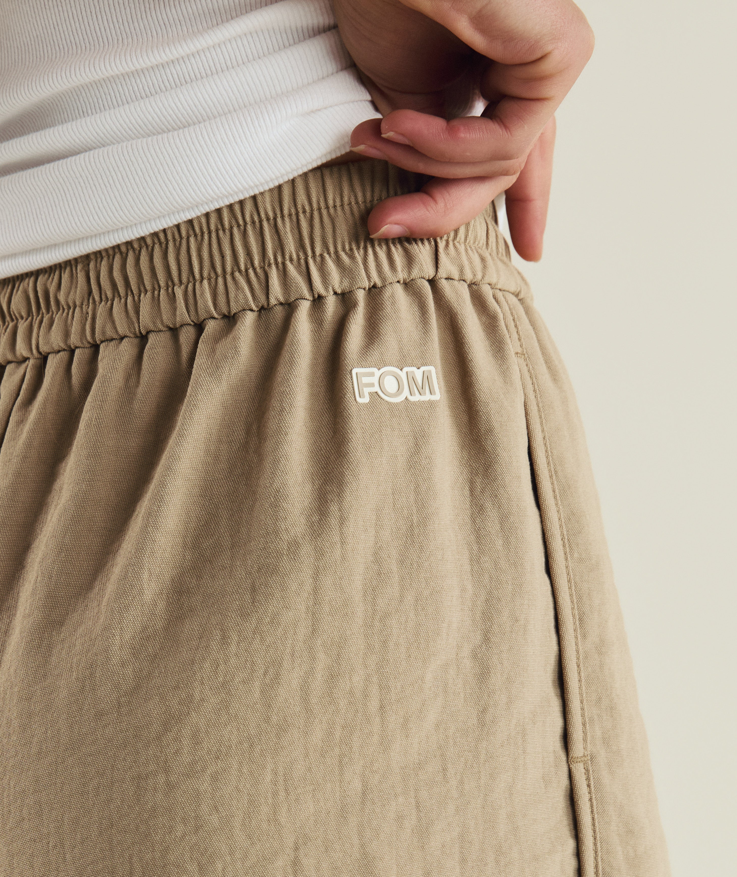 FOM ladies elasticated shorts in tahini, on-model view