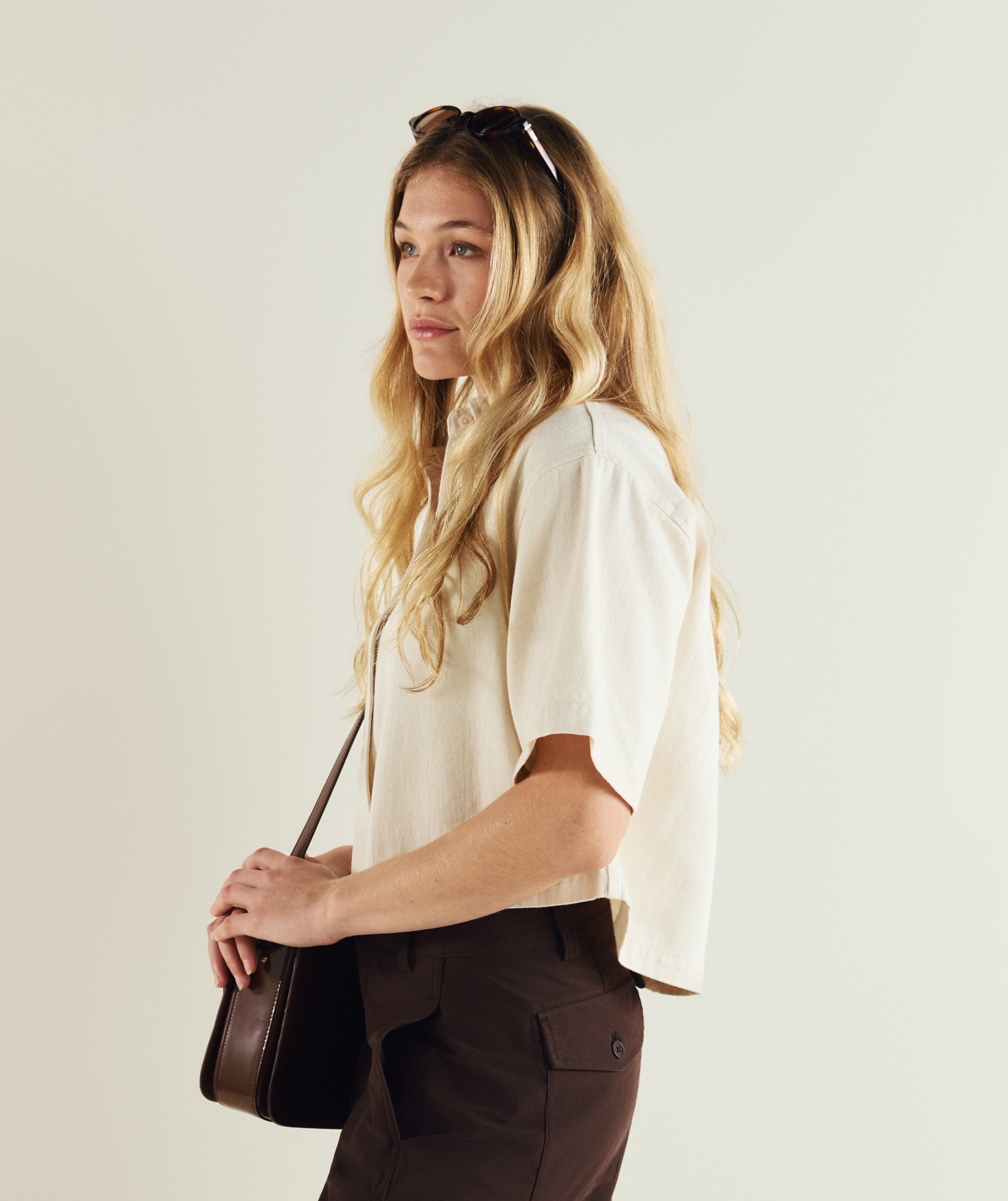 FOM ladies short sleeve shirt in oatmeal, on-model view