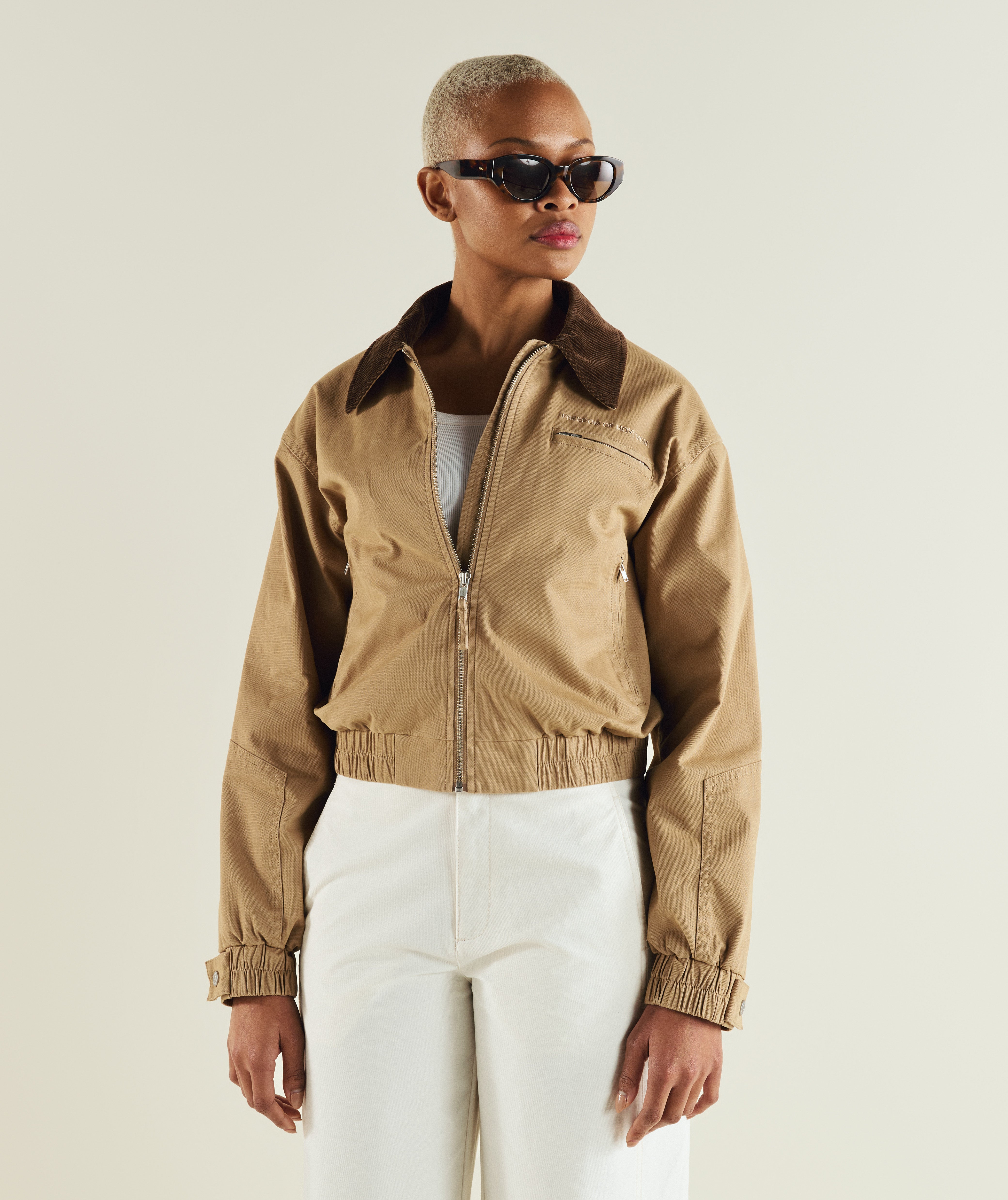 FOM ladies cord collar bomber jacket in coffee, on-model view