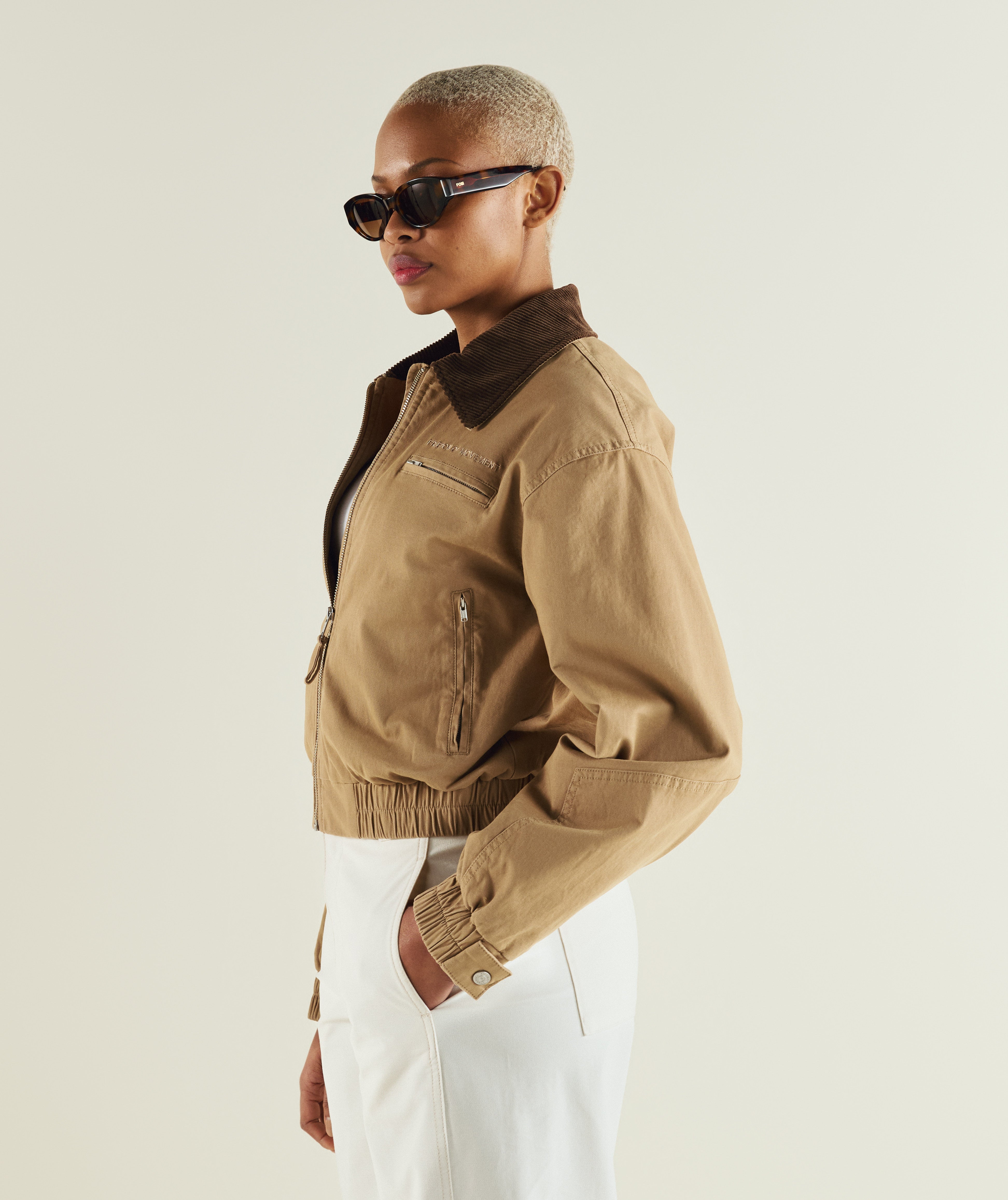 FOM ladies cord collar bomber jacket in coffee, on-model view