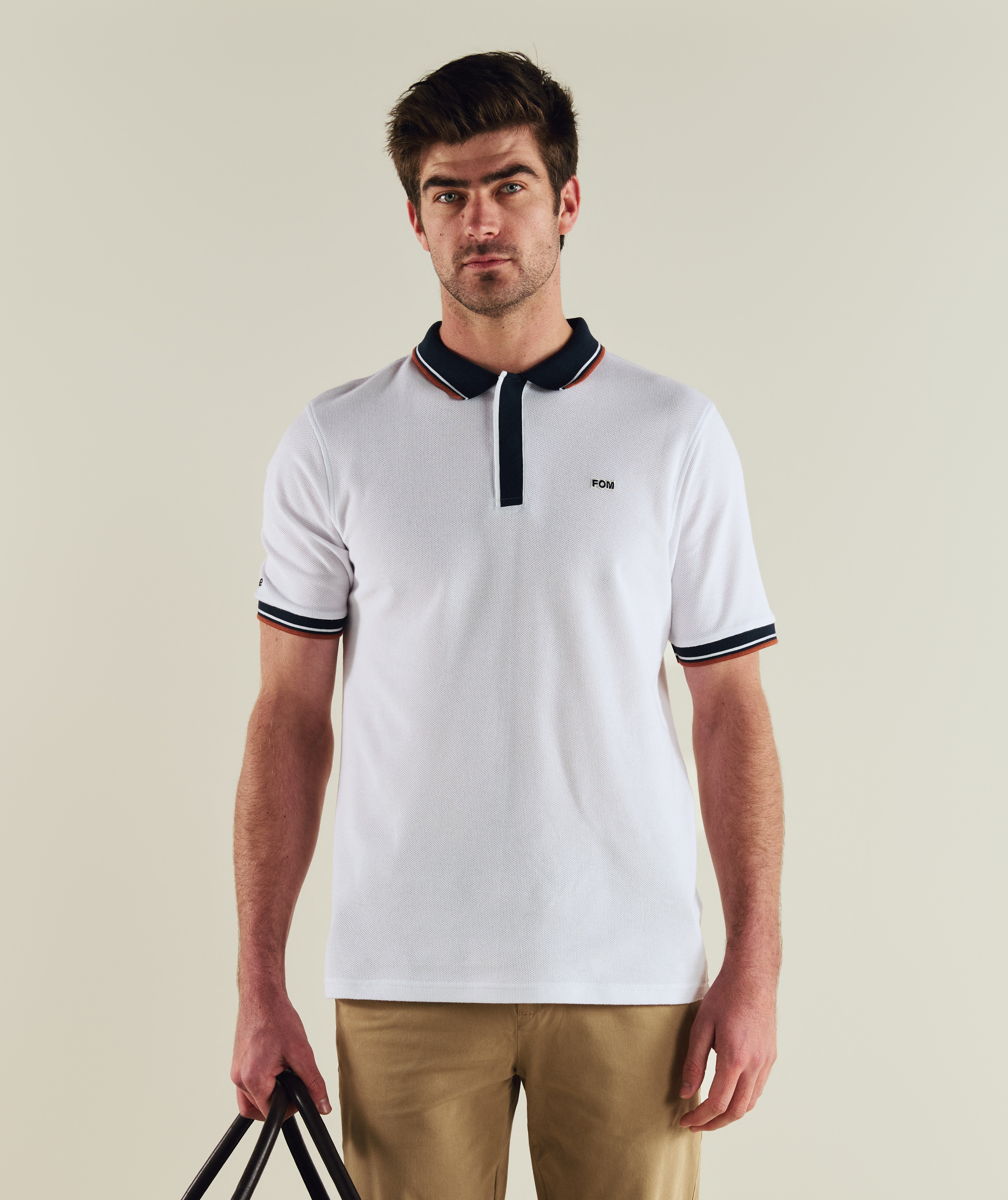 Mens Short Sleeve Textured Golfer - White & Navy