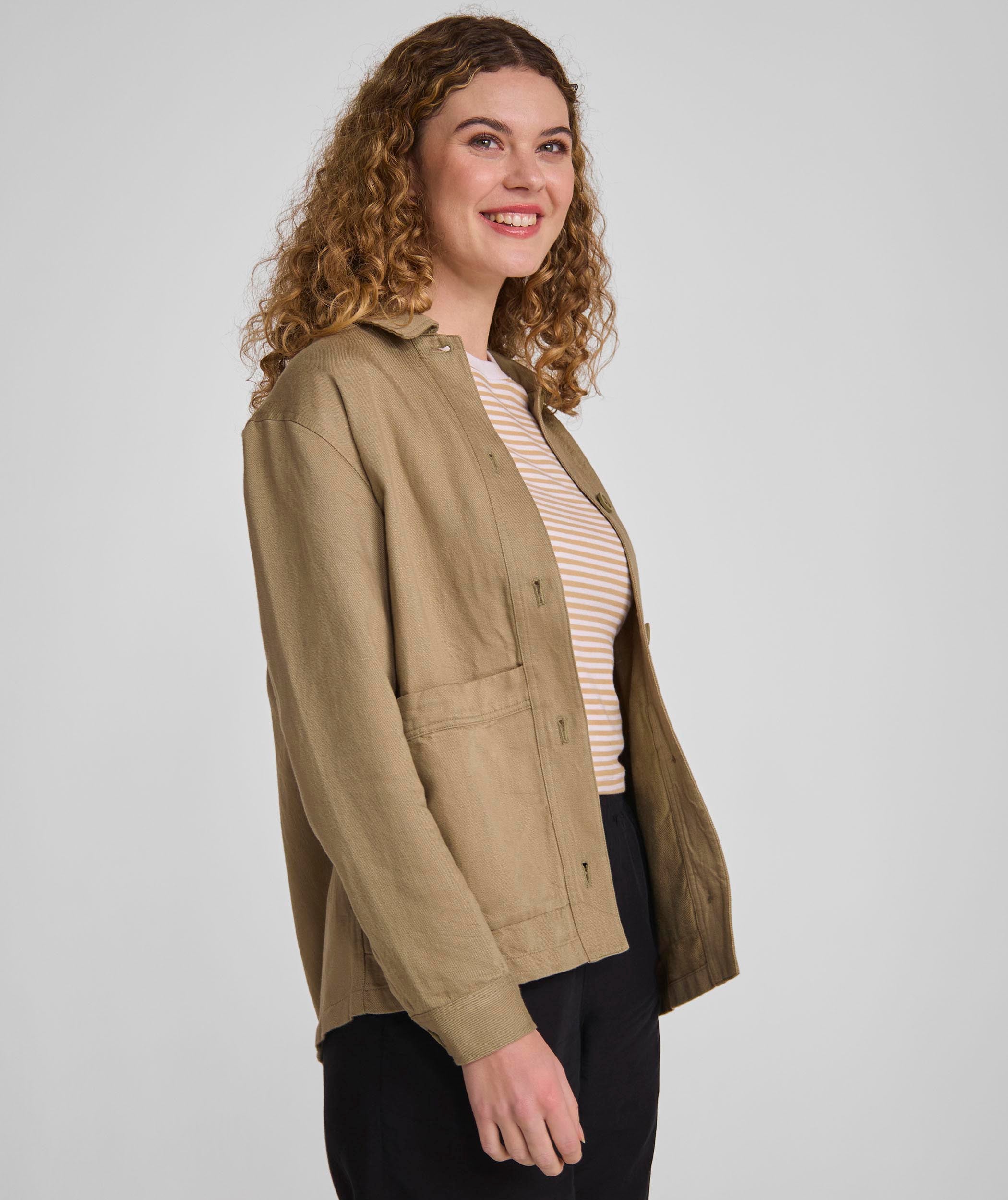 Ladies Linen Blend Shacket - Gray Green