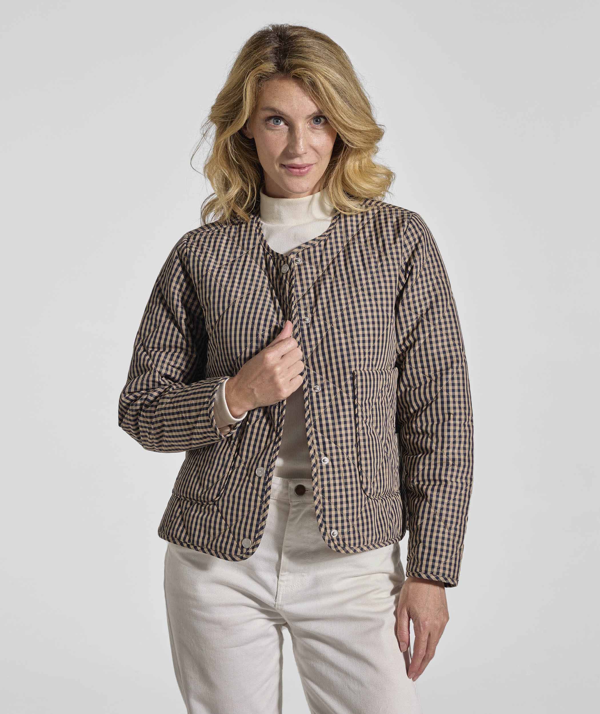 Ladies Check Quilted Jacket - Navy & Stone