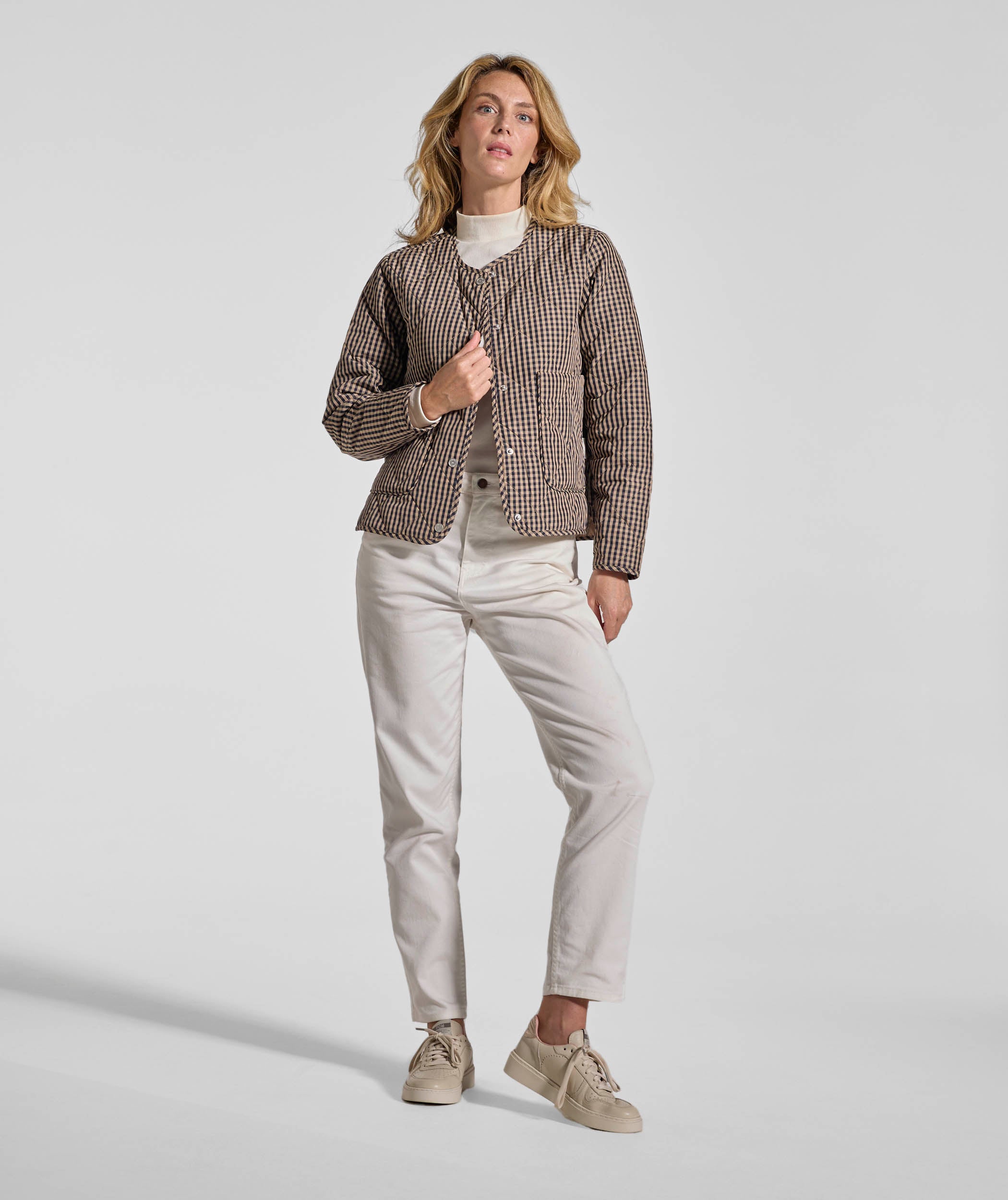 Ladies Check Quilted Jacket - Navy & Stone