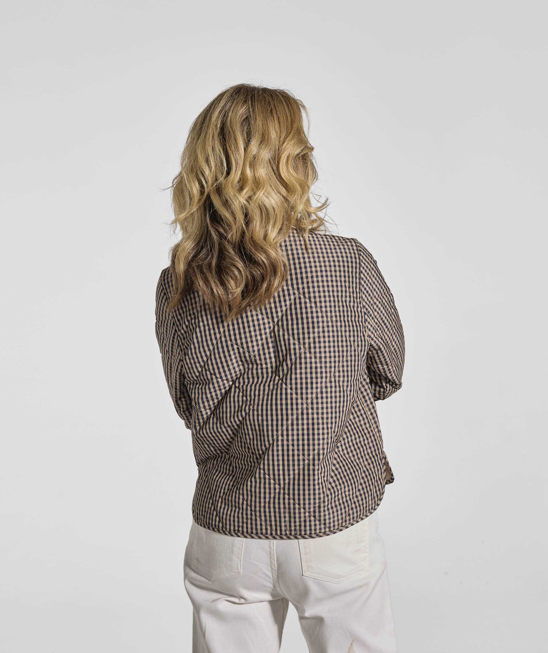 Ladies Check Quilted Jacket - Navy & Stone