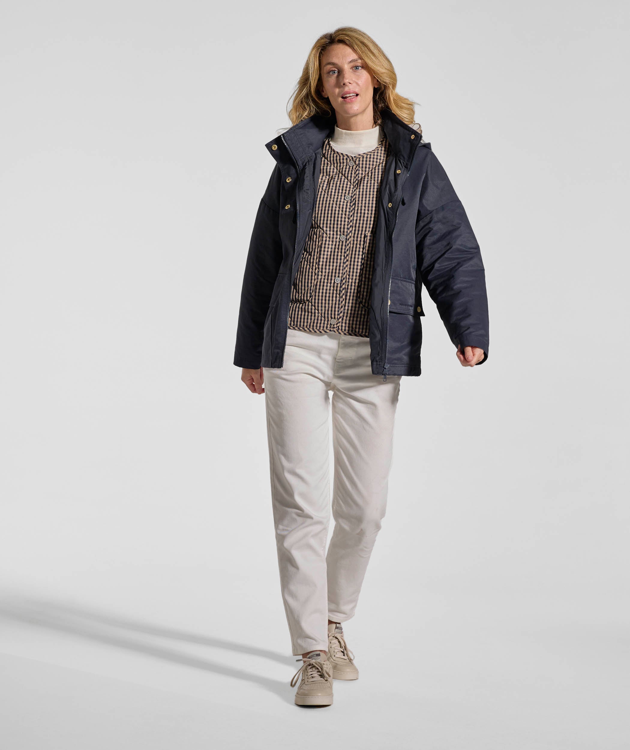 Ladies Check Quilted Jacket - Navy & Stone