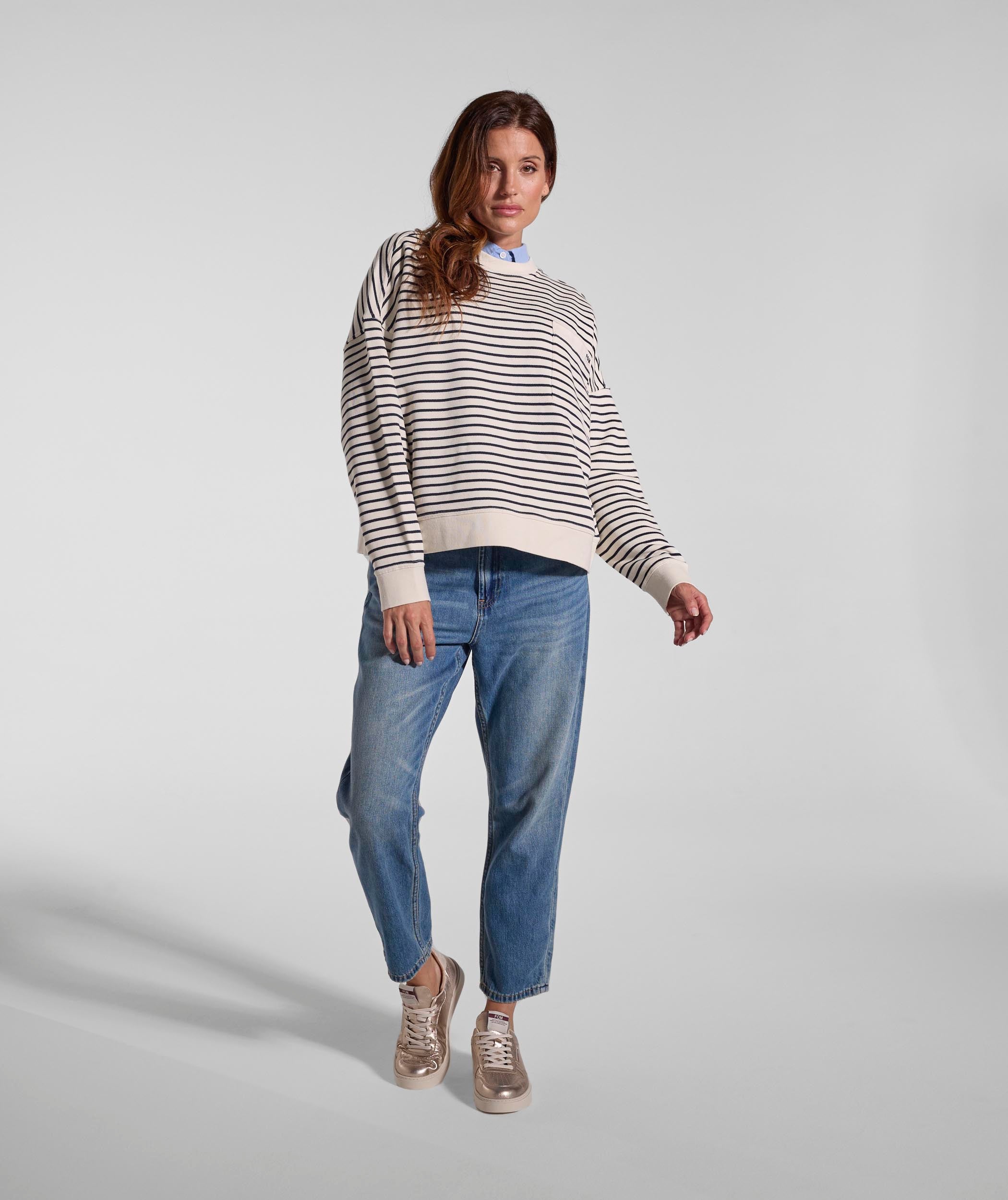 Ladies Pocket Stripe Sweater - Ivory & Navy