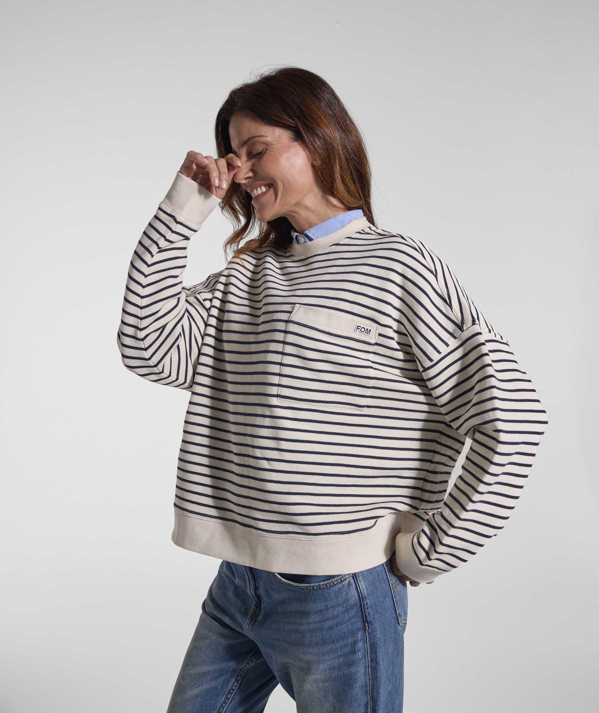 Ladies Pocket Stripe Sweater - Ivory & Navy