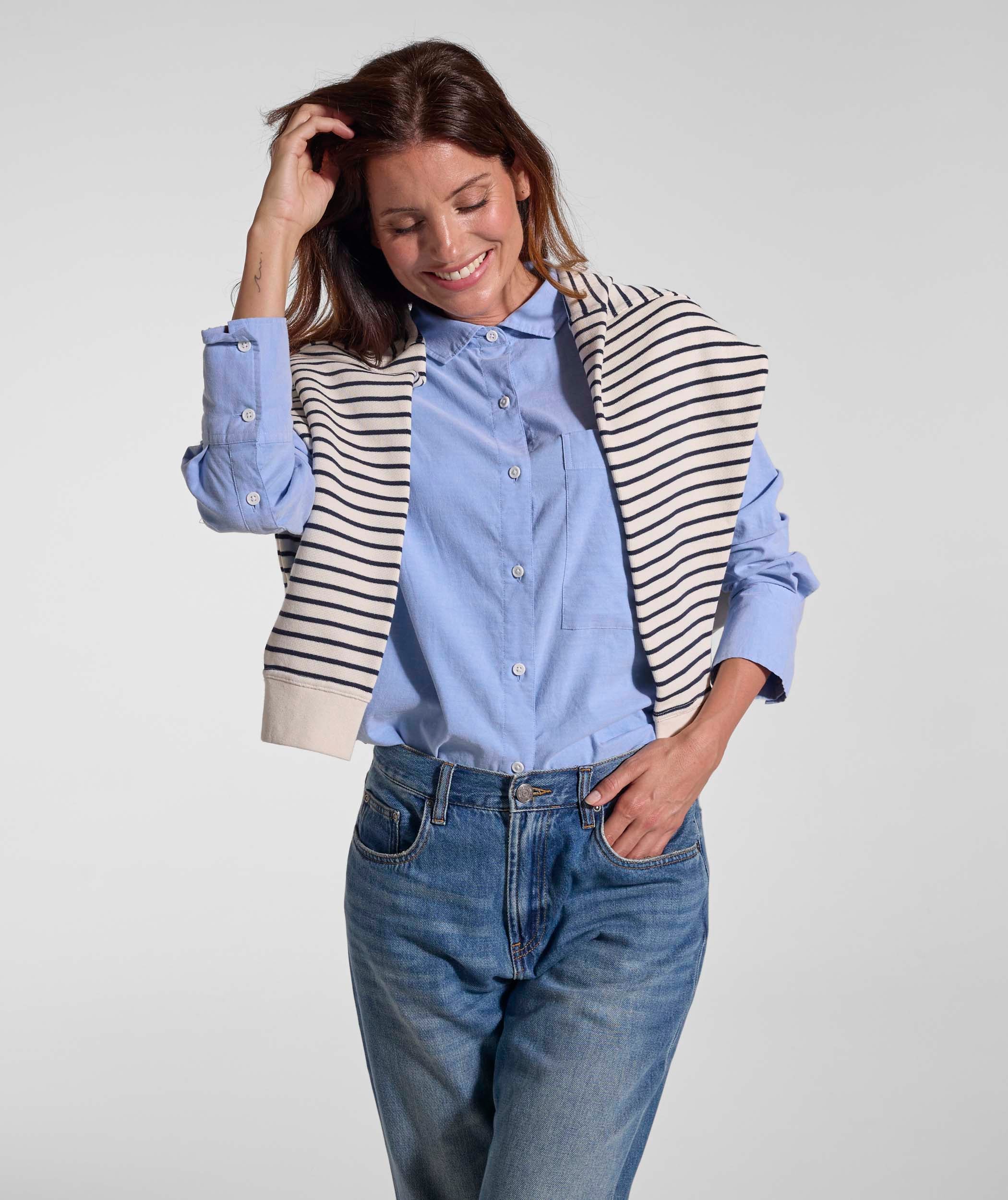 Ladies Pocket Stripe Sweater - Ivory & Navy