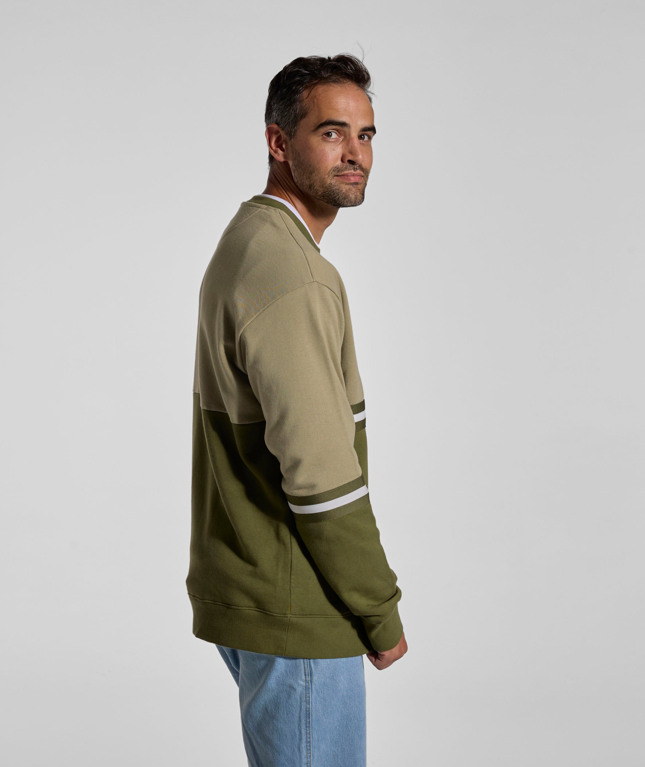 Mens Colour Block Crew Neck Sweater - Olive
