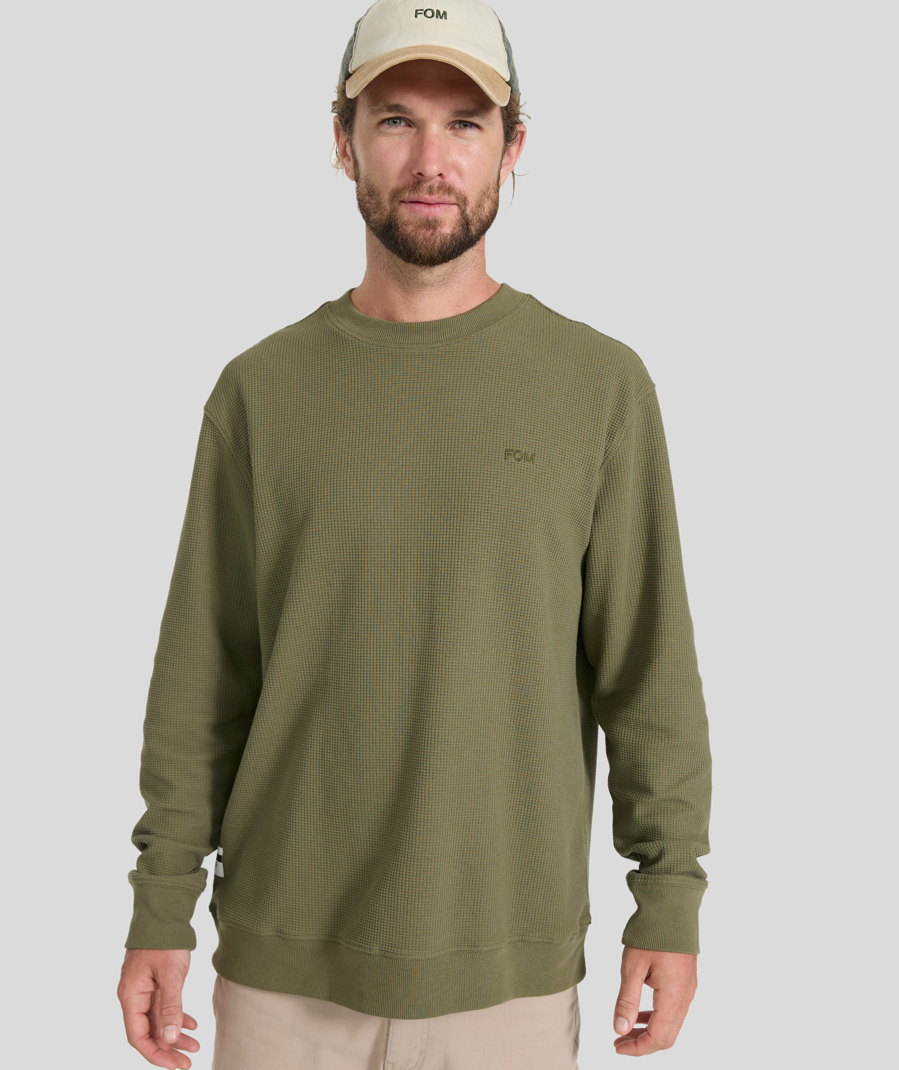 Mens Long Sleeve Waffle Tee - Dark Olive