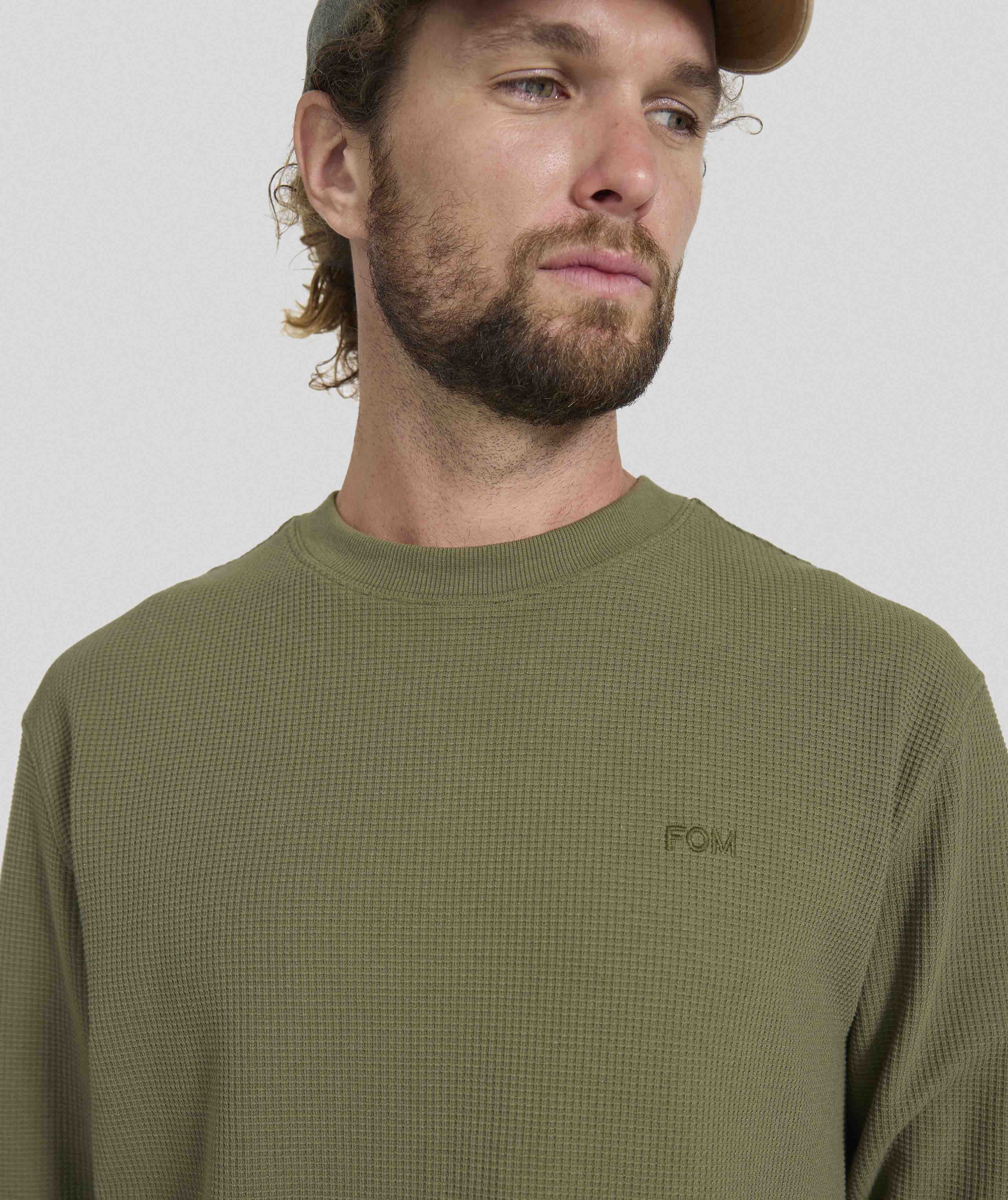 Mens Long Sleeve Waffle Tee - Dark Olive