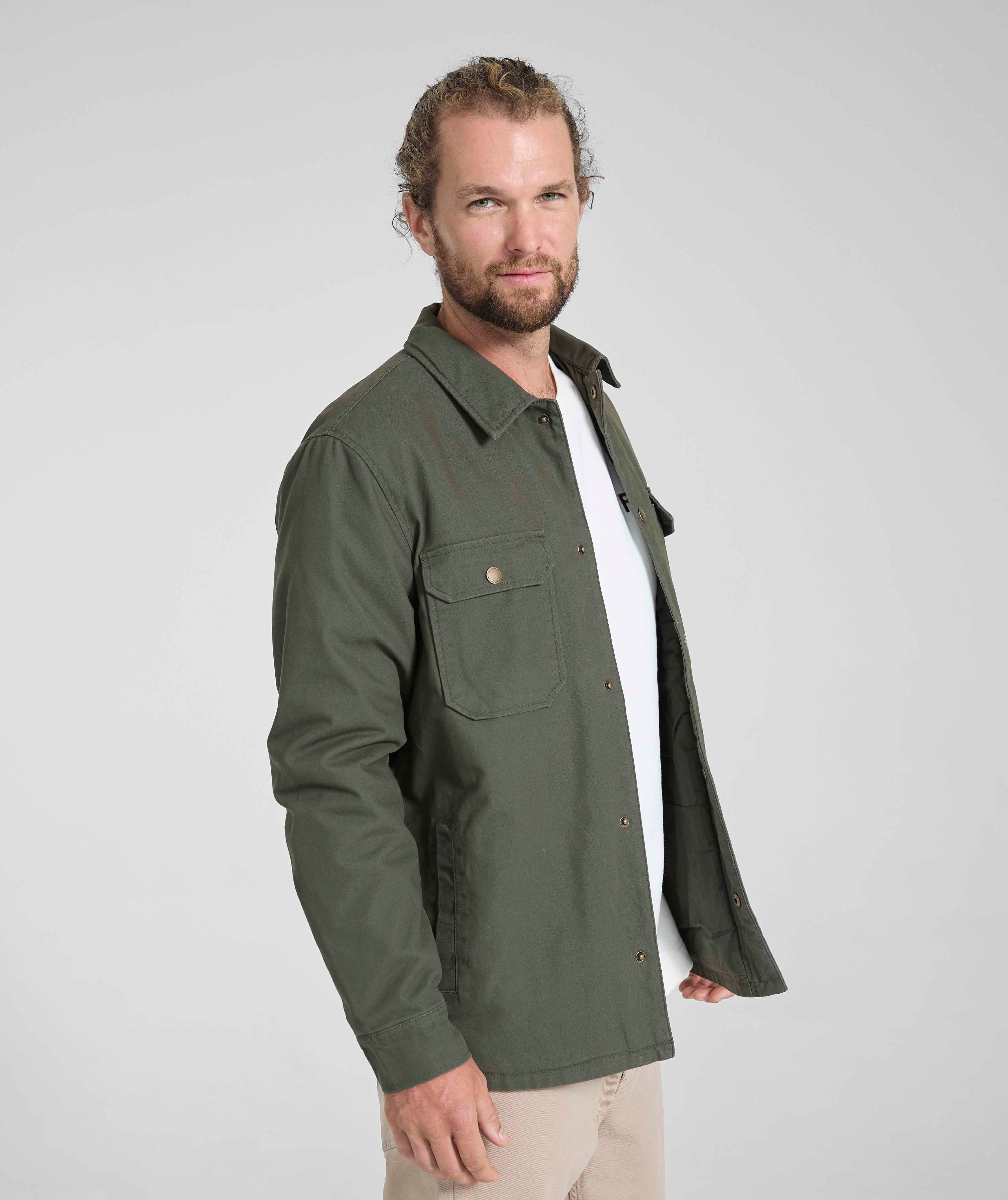 Mens Cotton Button Down Jacket - Olive