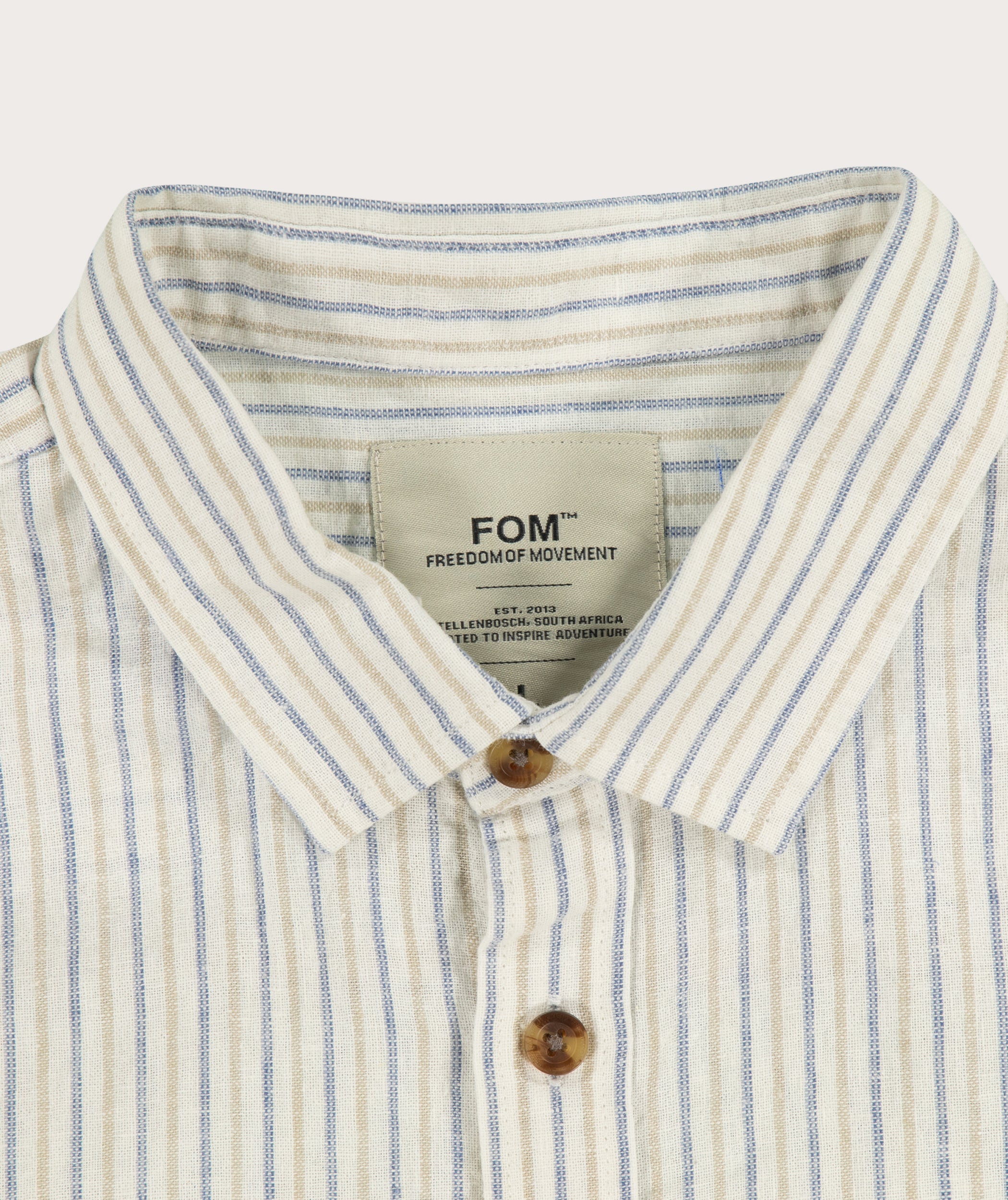Mens Linen Blend Short Sleeve Stripe Shirt - Stone / Blue Stripe