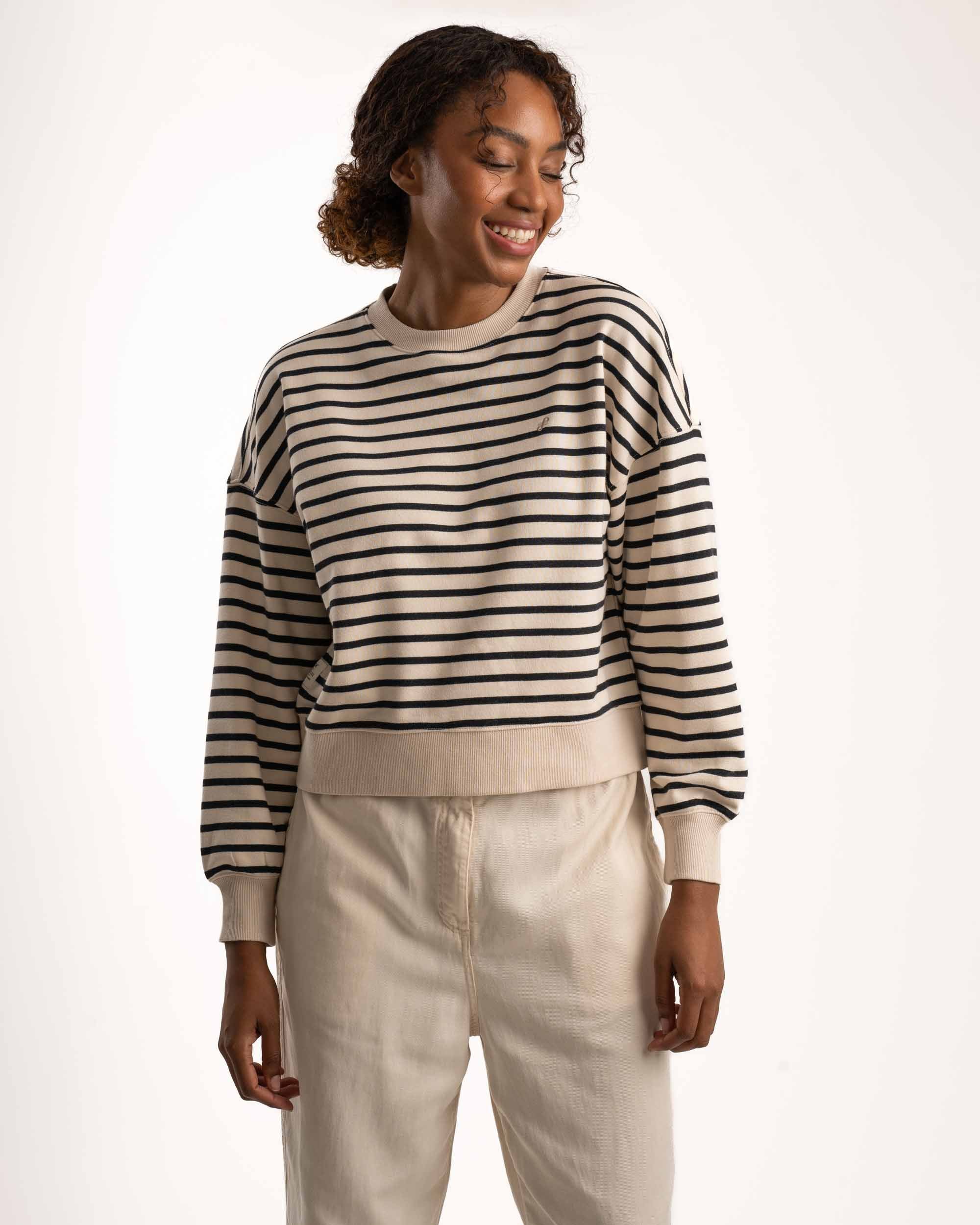 Ladies Crew Neck Stripe Sweater - Milk & Black