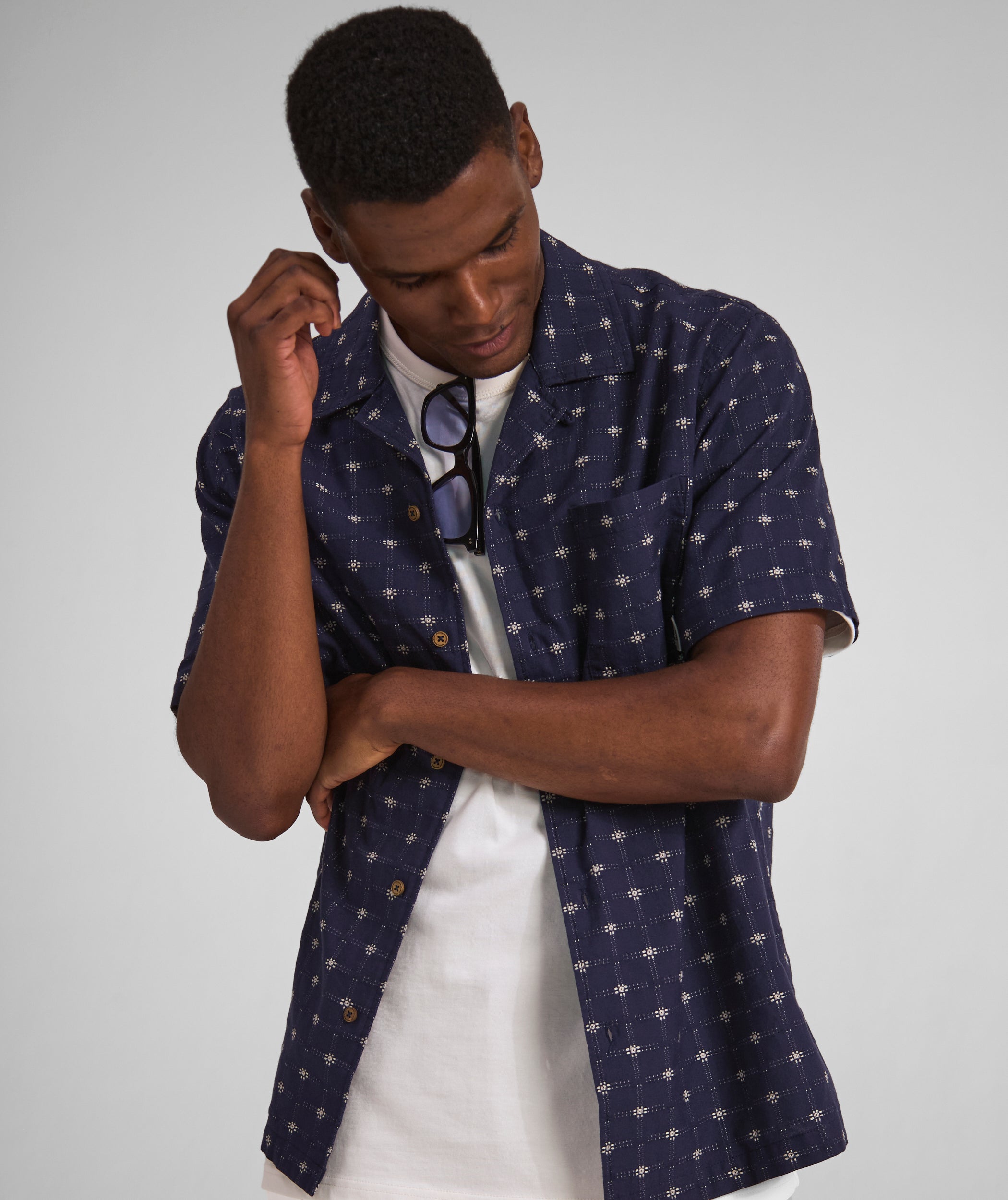 Mens Textured Short Sleeve Shirt - Navy