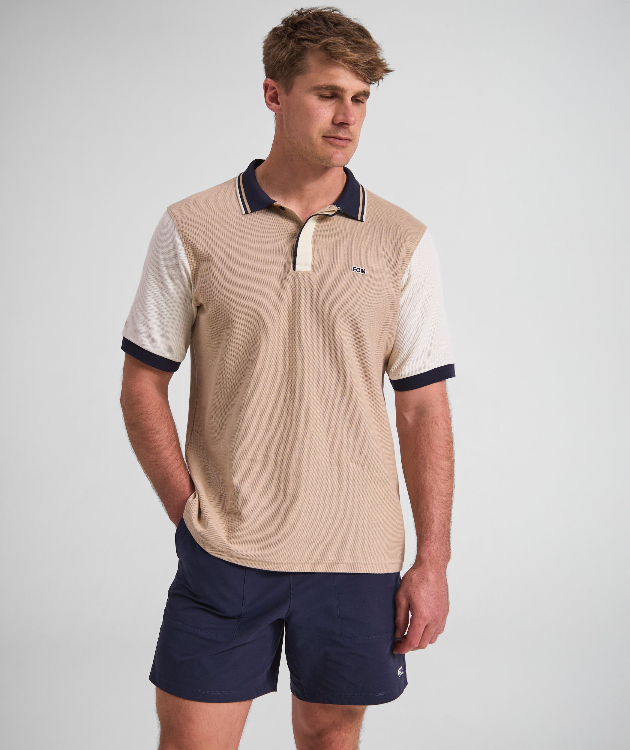 Mens Short Sleeve Honeycomb Golfer - Stone Colour Block