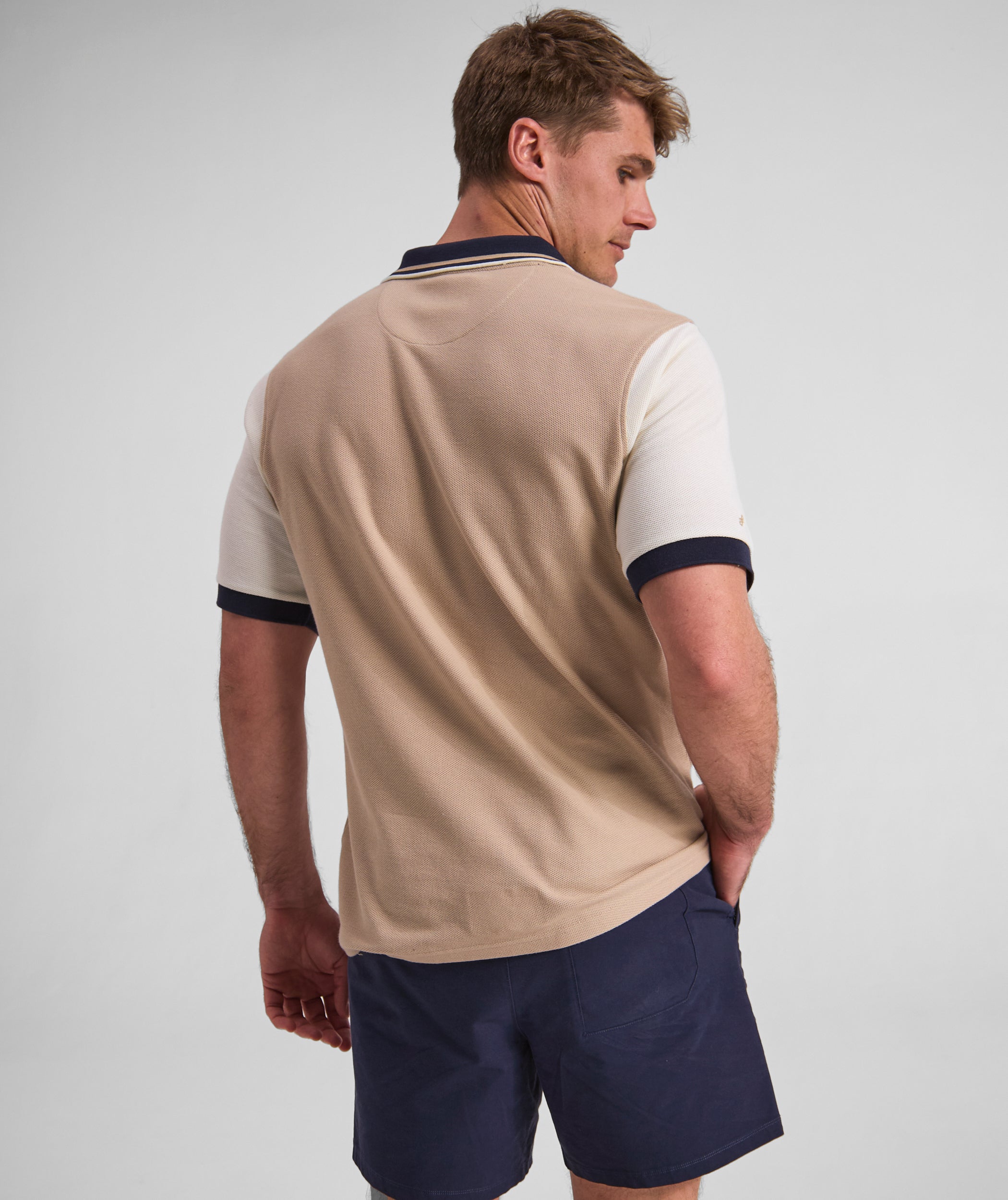 Mens Short Sleeve Honeycomb Golfer - Stone Colour Block