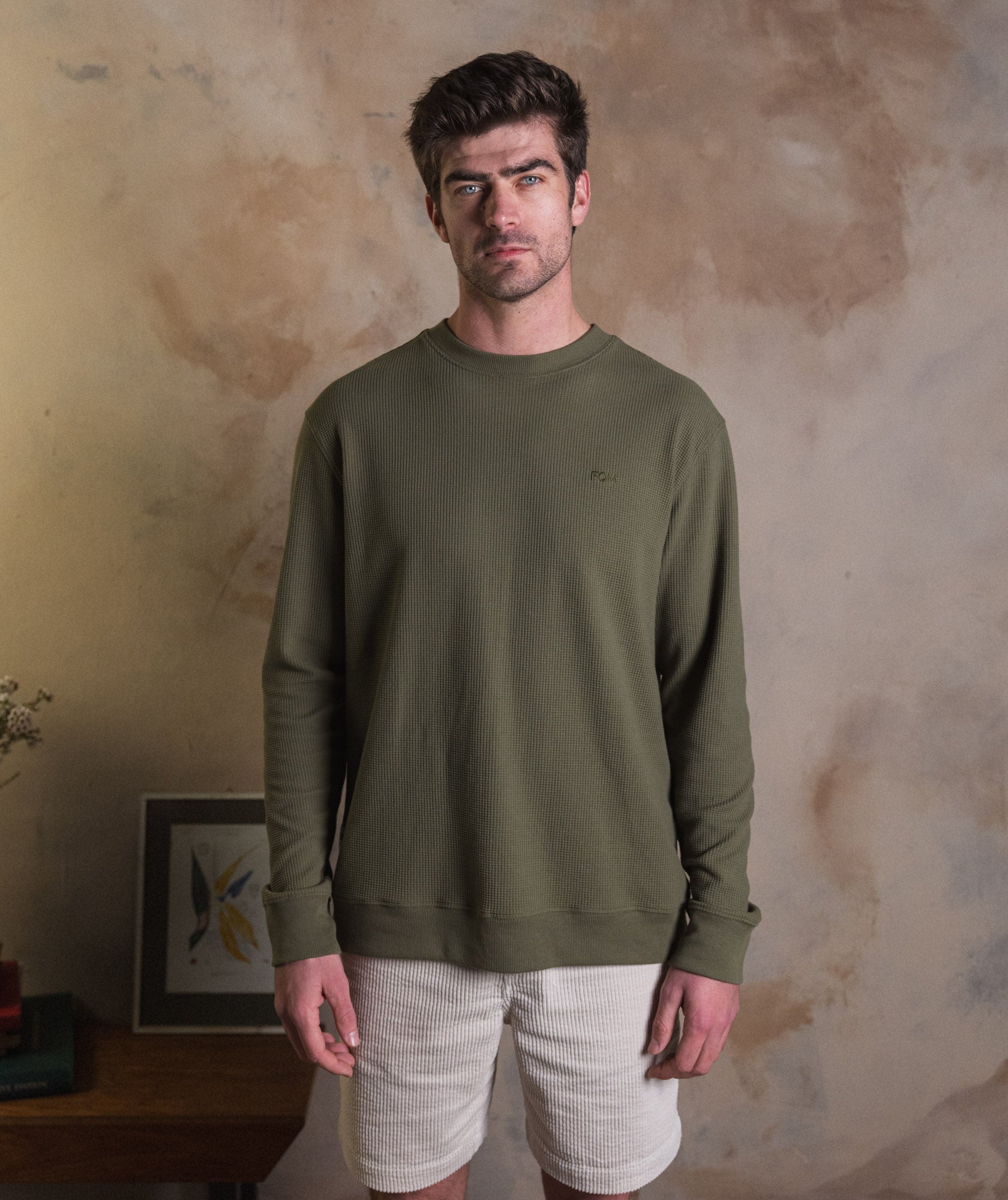 Mens Long Sleeve Waffle Tee - Dark Olive