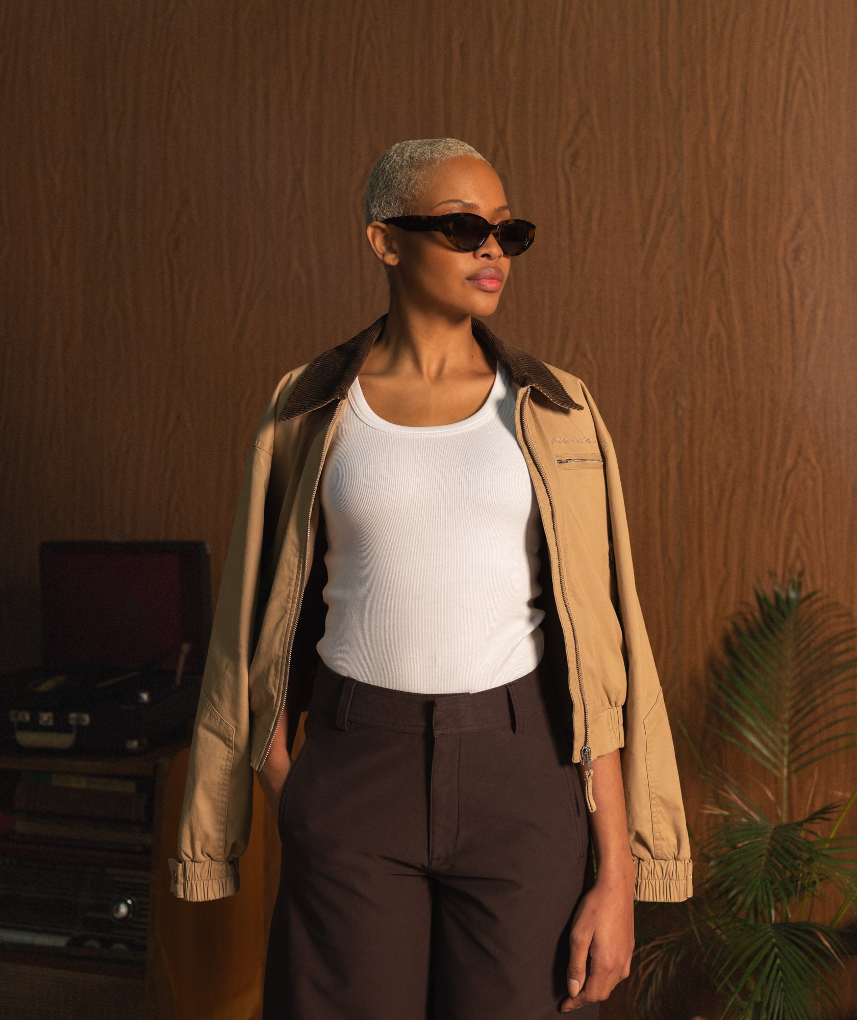 Ladies Cord Collar Bomber Jacket - Coffee