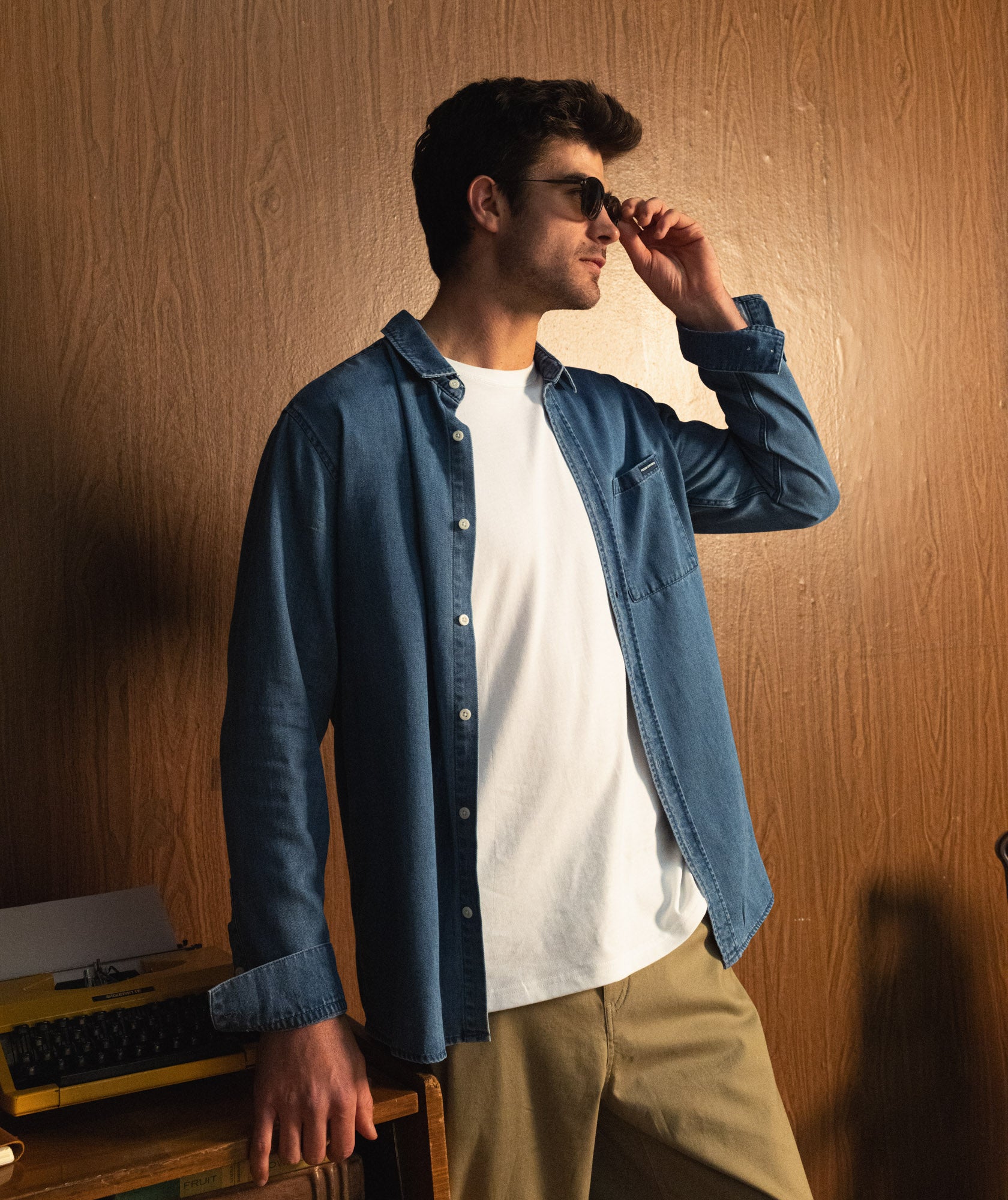 Mens Long Sleeve Denim Shirt - Light Wash