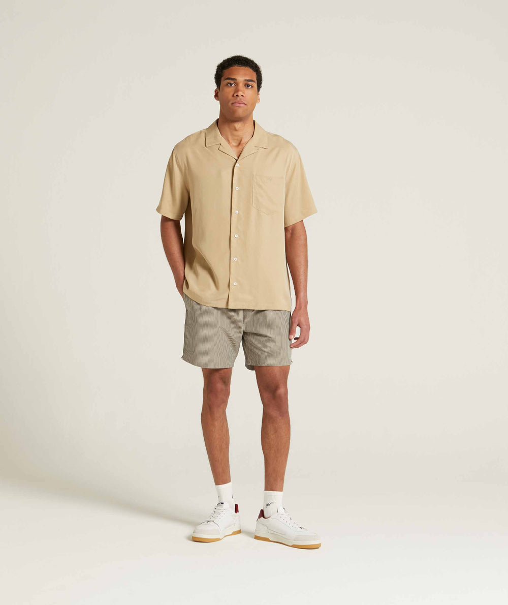 Mens Sueded Cotton Camp Collar Shirt - Stone